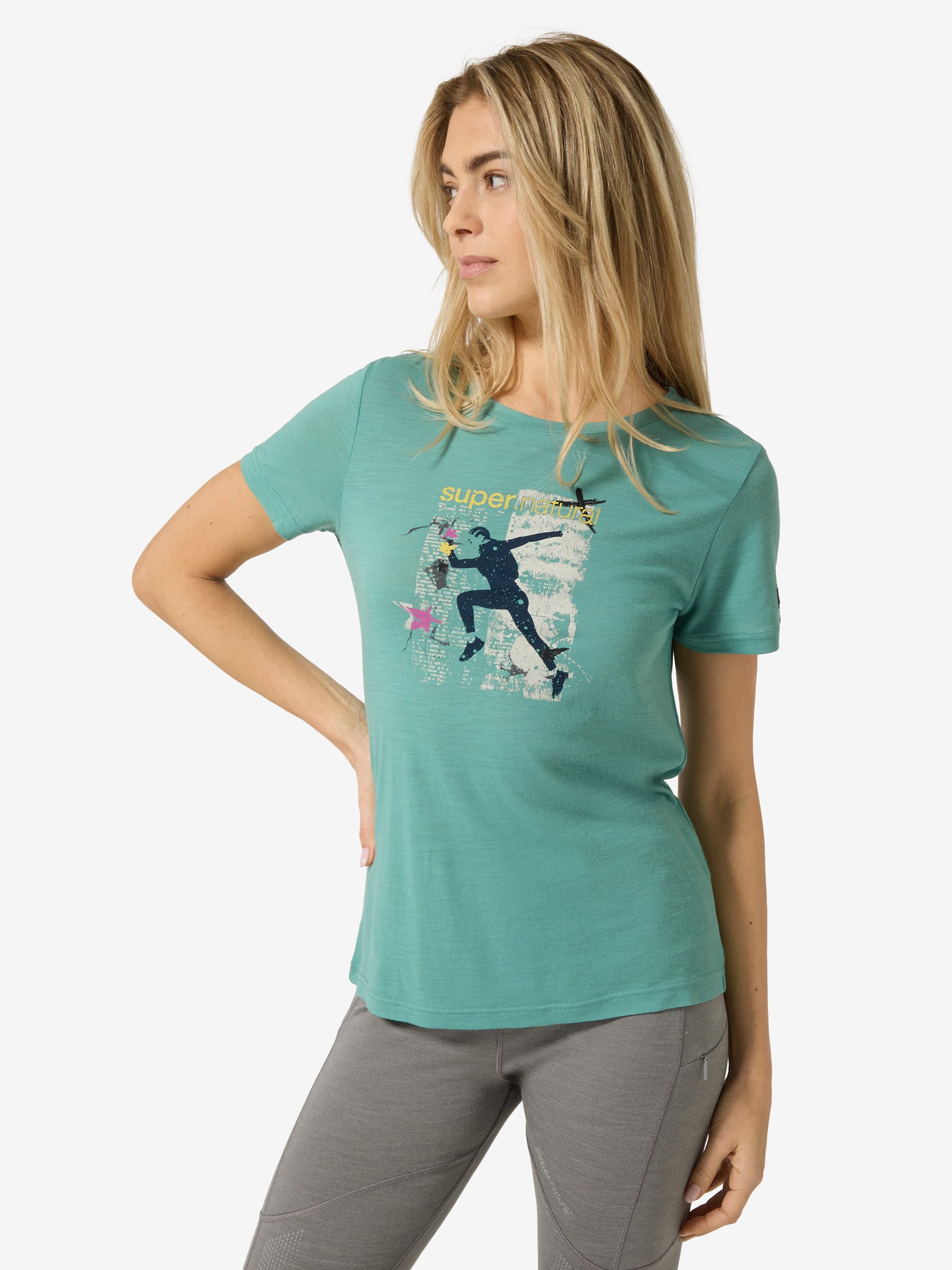SUPER.NATURAL T-Shirt für Damen,Merino W RUNNING ART TEE mit Sport-Motiv, atmungsaktiv