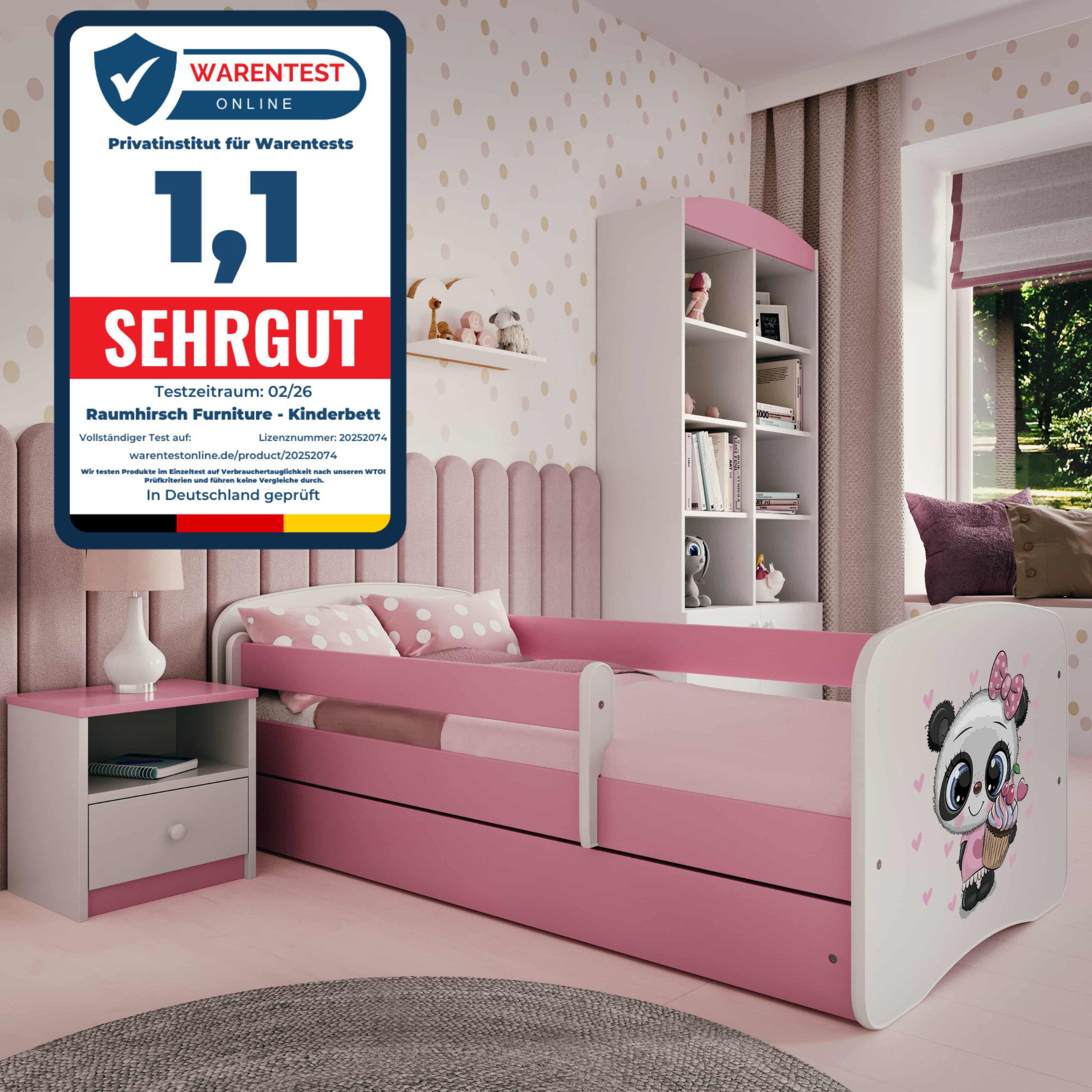 Raumhirsch Furniture Kinderbett 70x140, 80x160, 80x180 cm - Komplettset mit Schublade (Bett für Mädchen, Einzelbett Kinder 2–12, mit Rausfallschutz & Lattenrost), verschiedene Farben & Designs