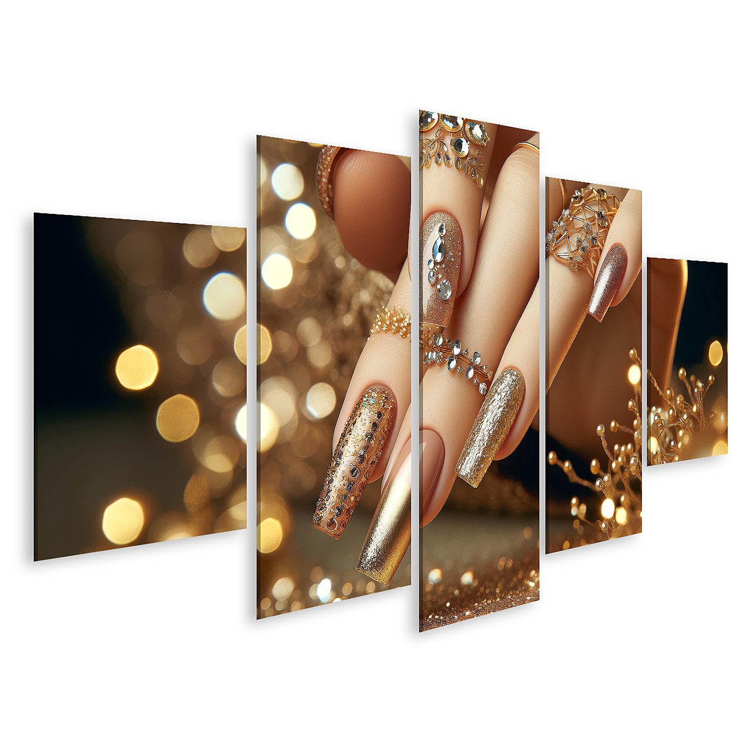 islandburner Leinwandbild Glitzernde Goldpracht Maniküre mit Juwelen Veredelt Nagelstudio Beauty