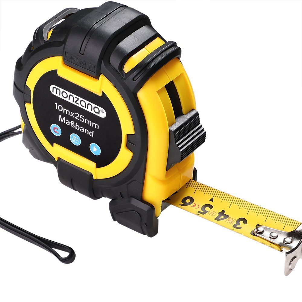 monzana Maßband, Rollmeter 10m x 25mm magnetisch verschiebbarer Endhaken Bandmaß