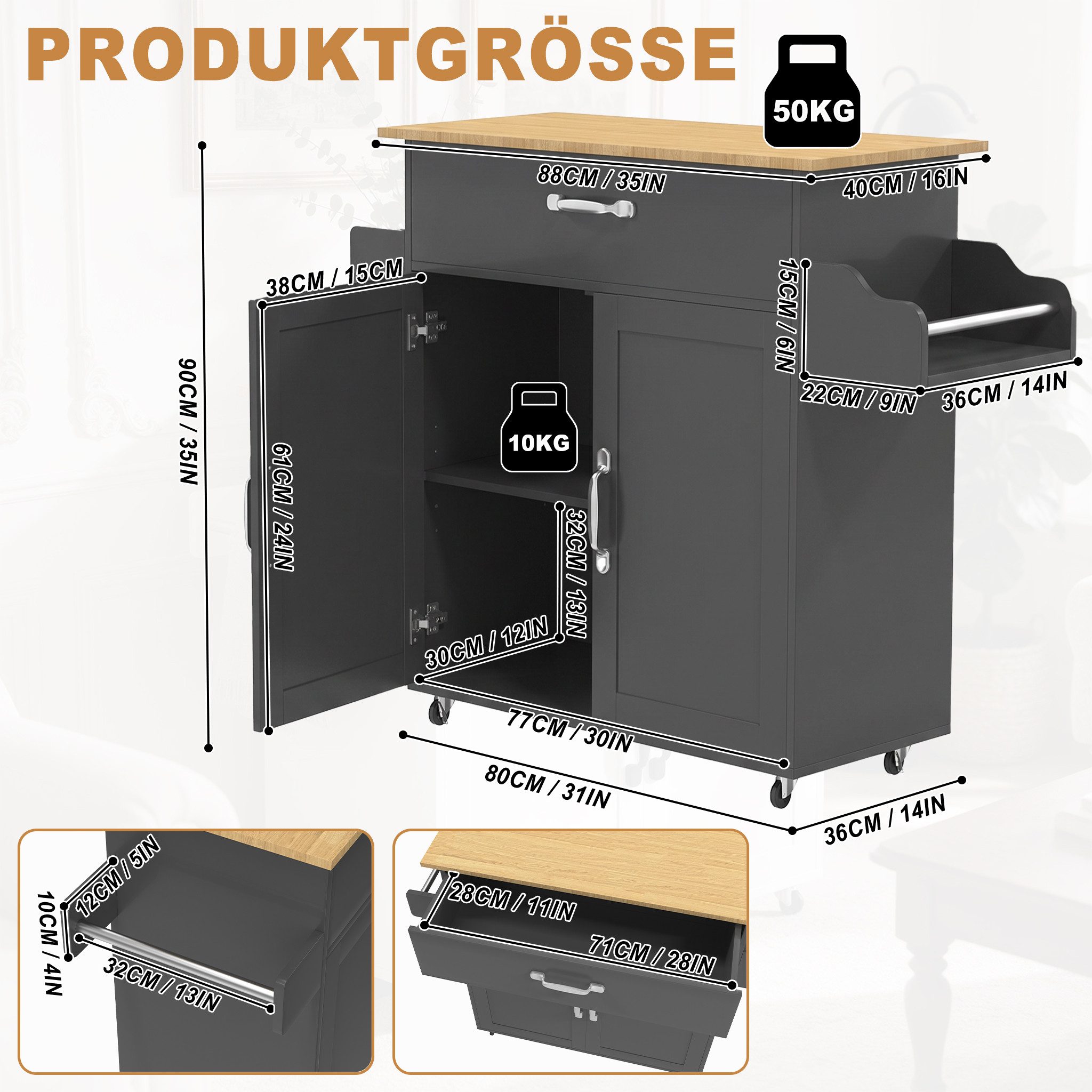 FIVMEN Küchenwagen Kücheninselwagen auf Rollen Küchen Wagen Küchenschrank 115x36x90cm, Für Küche, Wohnzimmer, Esszimmer – Bild 2 von 5