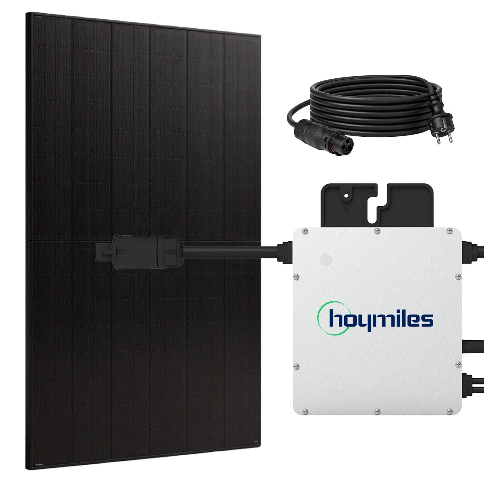 SUNNIVA Balkonkraftwerk 500W BIFAZIAL FULLBLACK komplett Steckdose, (HOYMILES 400 Watt Wechselrichter, PV Solaranlage Komplettset, 1x 500W N-Type Glas-Glas Bifacial Solarmodule, 5m Kabel)