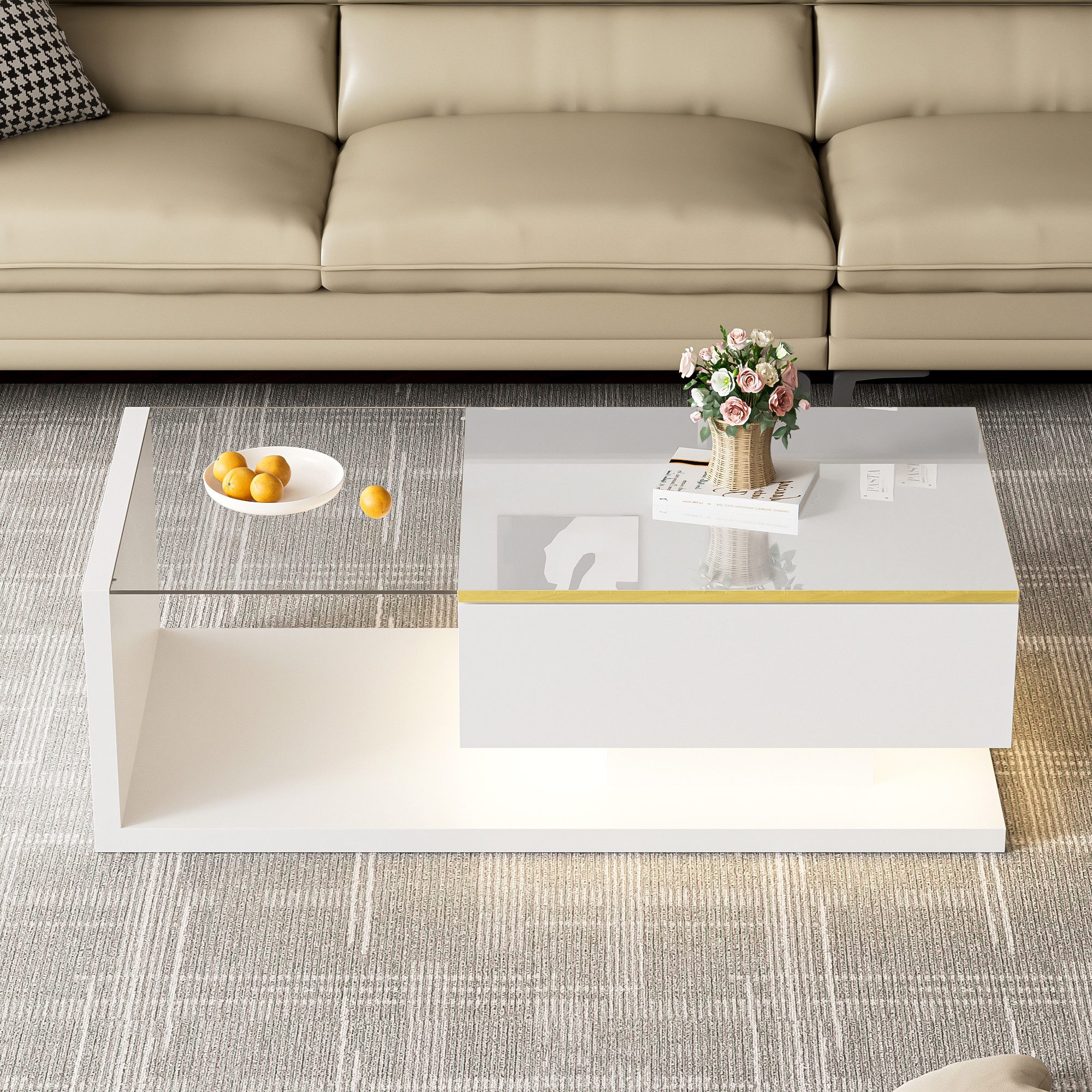 Celya Couchtisch Couchtisch Hochglanz, Beistelltische, mit Glas und LED-Beleuchtung, 100 cm langer Couchtisch