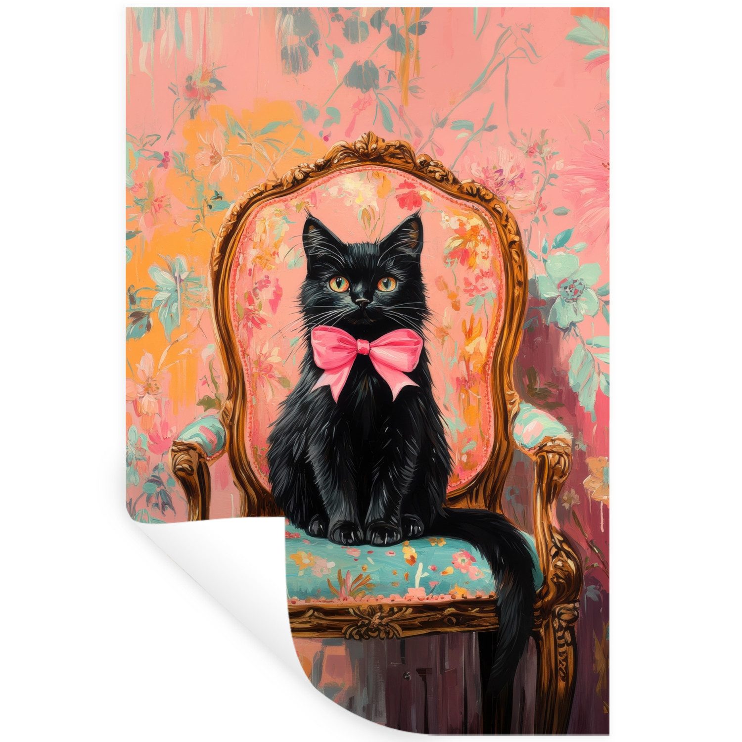 MuchoWow Wandsticker Katze - Rosa - Stuhl mit Blumenmuster (1 St), Wanddeko, Aufkleber, Wandtattoo, 60x90 cm