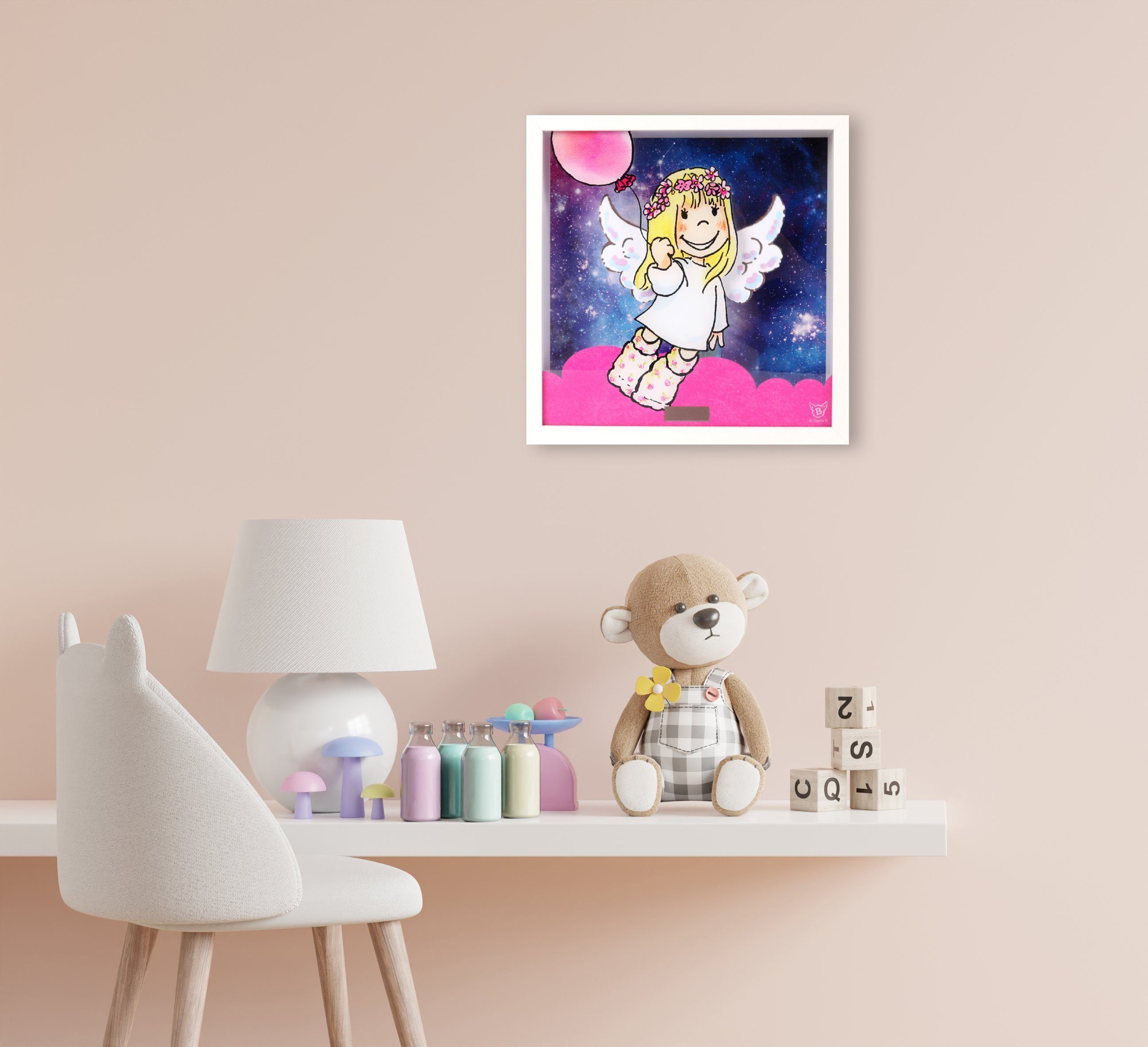 queence Bild mit Rahmen 3D Bild mit Wackelflügeln - Solarbetrieben - Engel, Schutzengel (1 St), 27x27x5 cm - Geschenk - Taufe - Geburt - mit Aufsteller