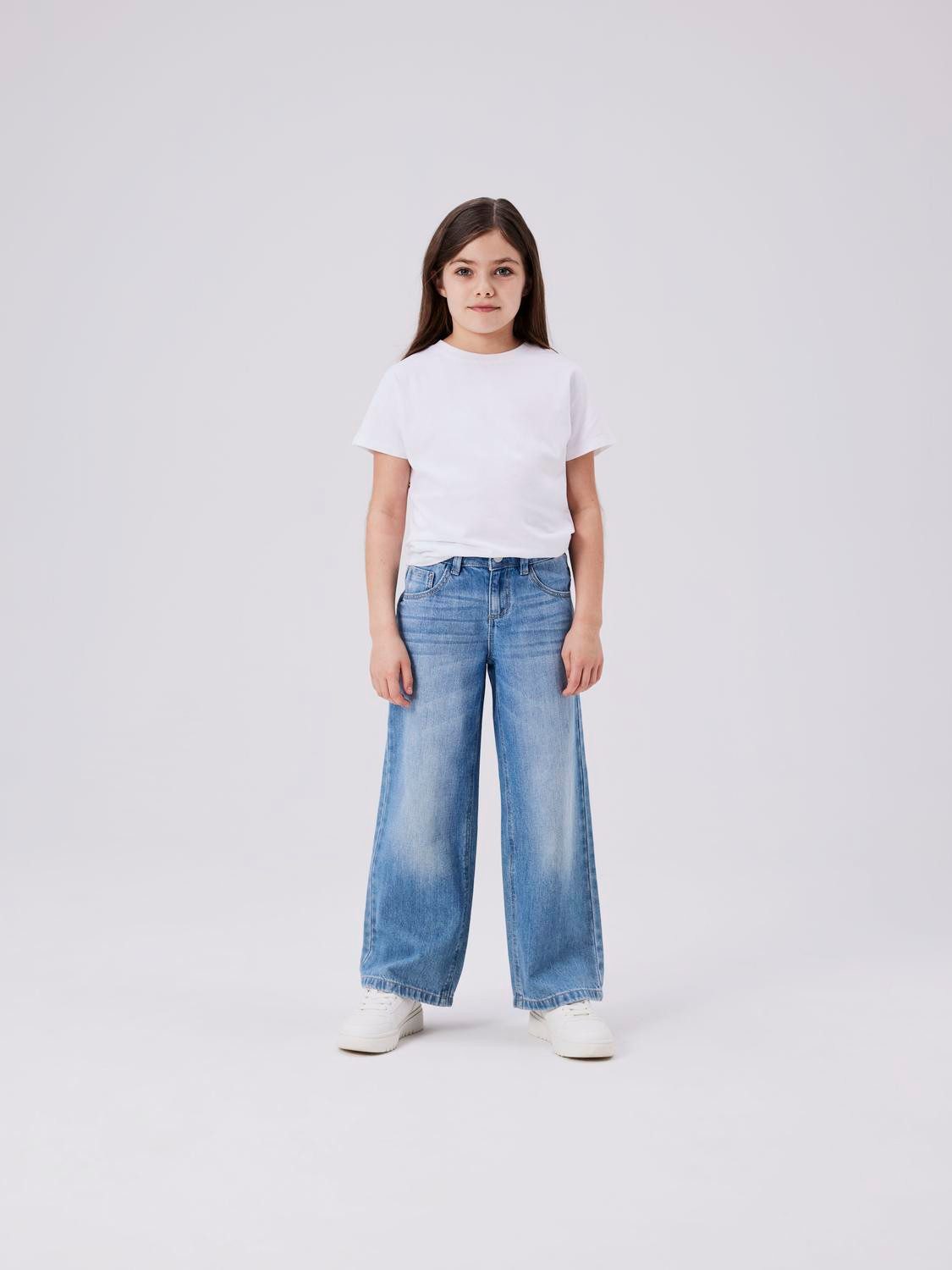 Name It Weite Jeans NKFROSE für Mädchen mit weitem Bein und klassischem Sitz normal, Denim, Abriebeffekte, Reißverschluss