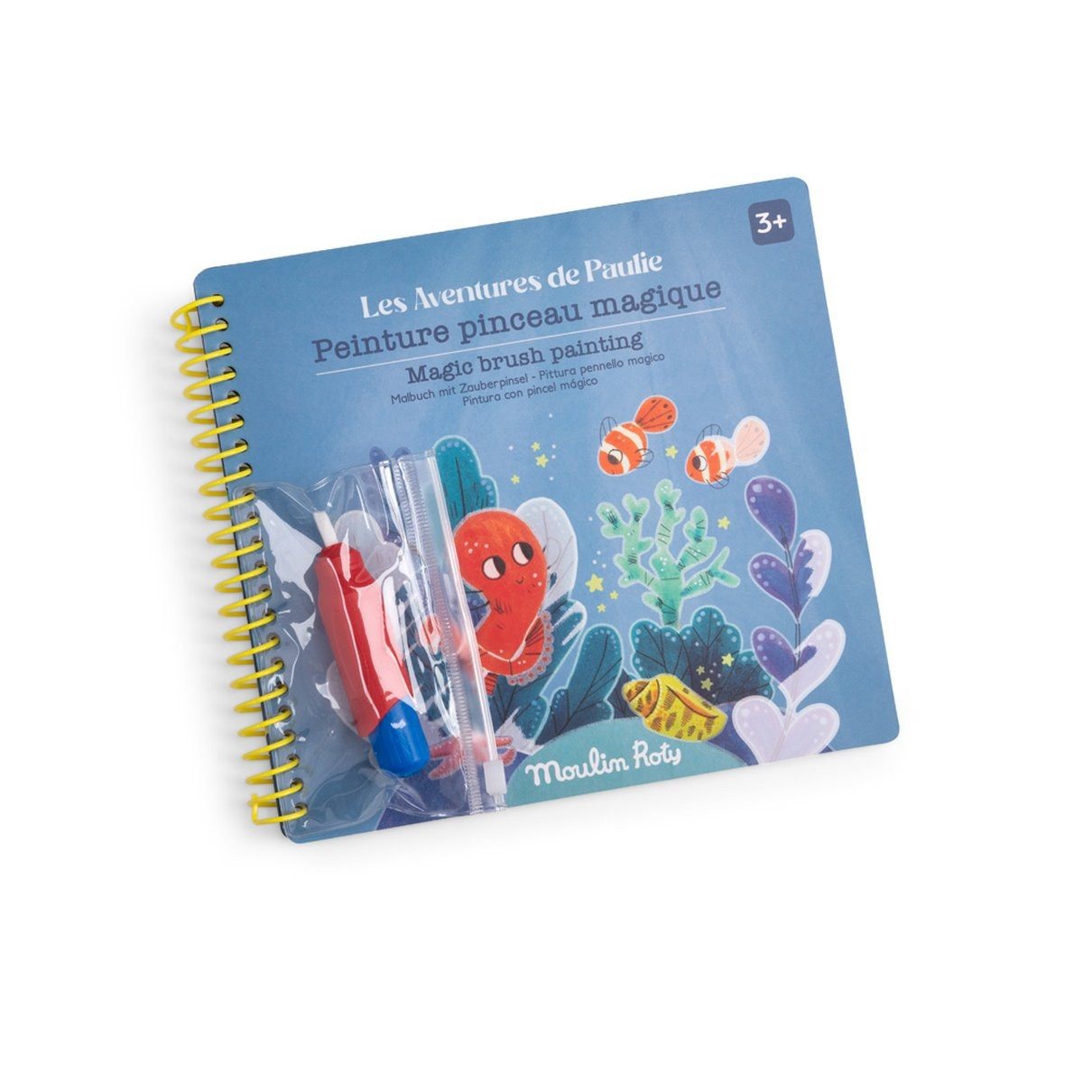 Moulin Roty Malvorlage Malbuch mit Zauberpinsel Paulie Wassermalbuch für kreative Kinder (Set), Wassermalbuch