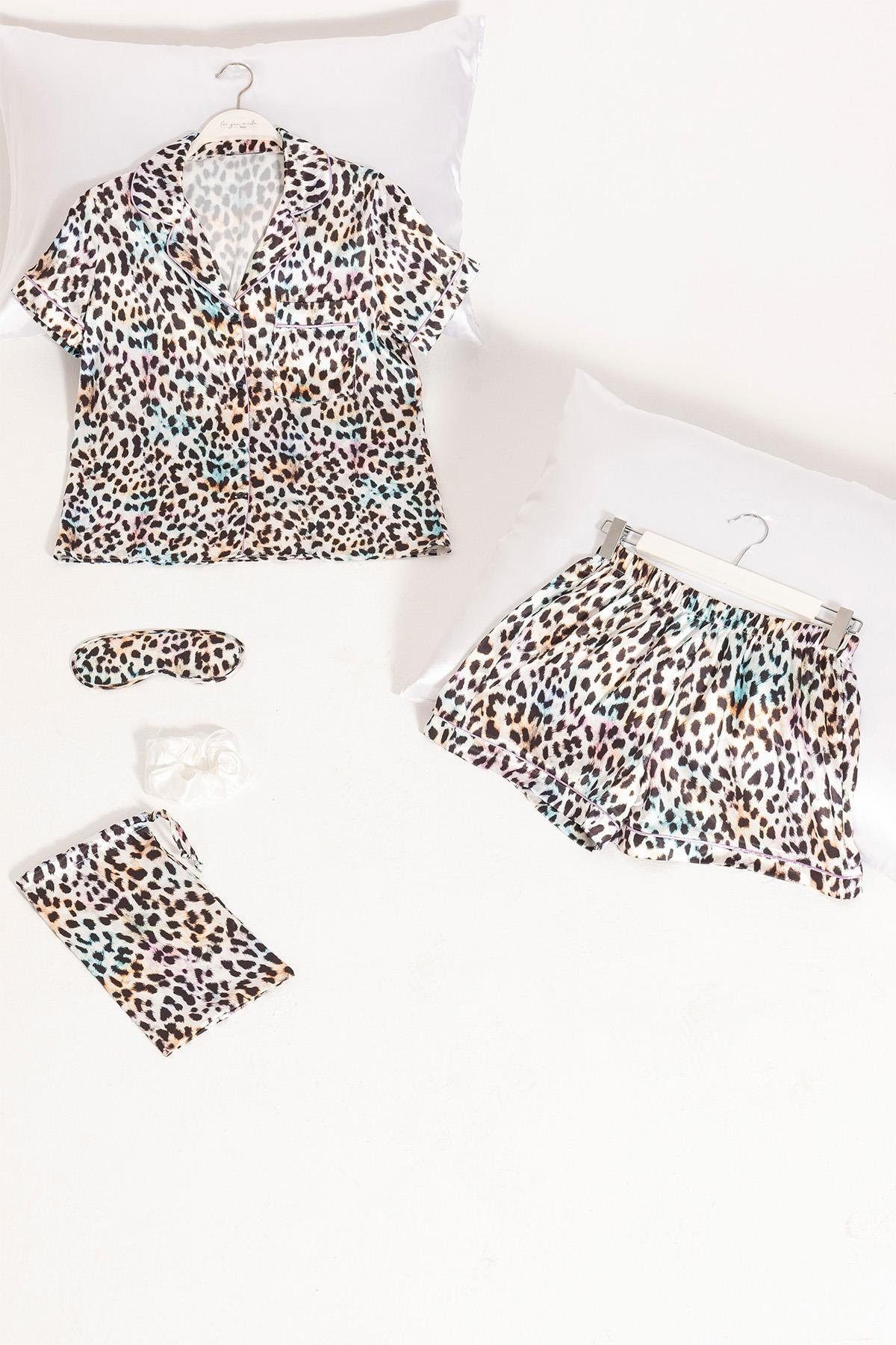 For You Moda Pyjama 5-teiliges Leopardenmuster Satin-Pyjama-Shorts-Set