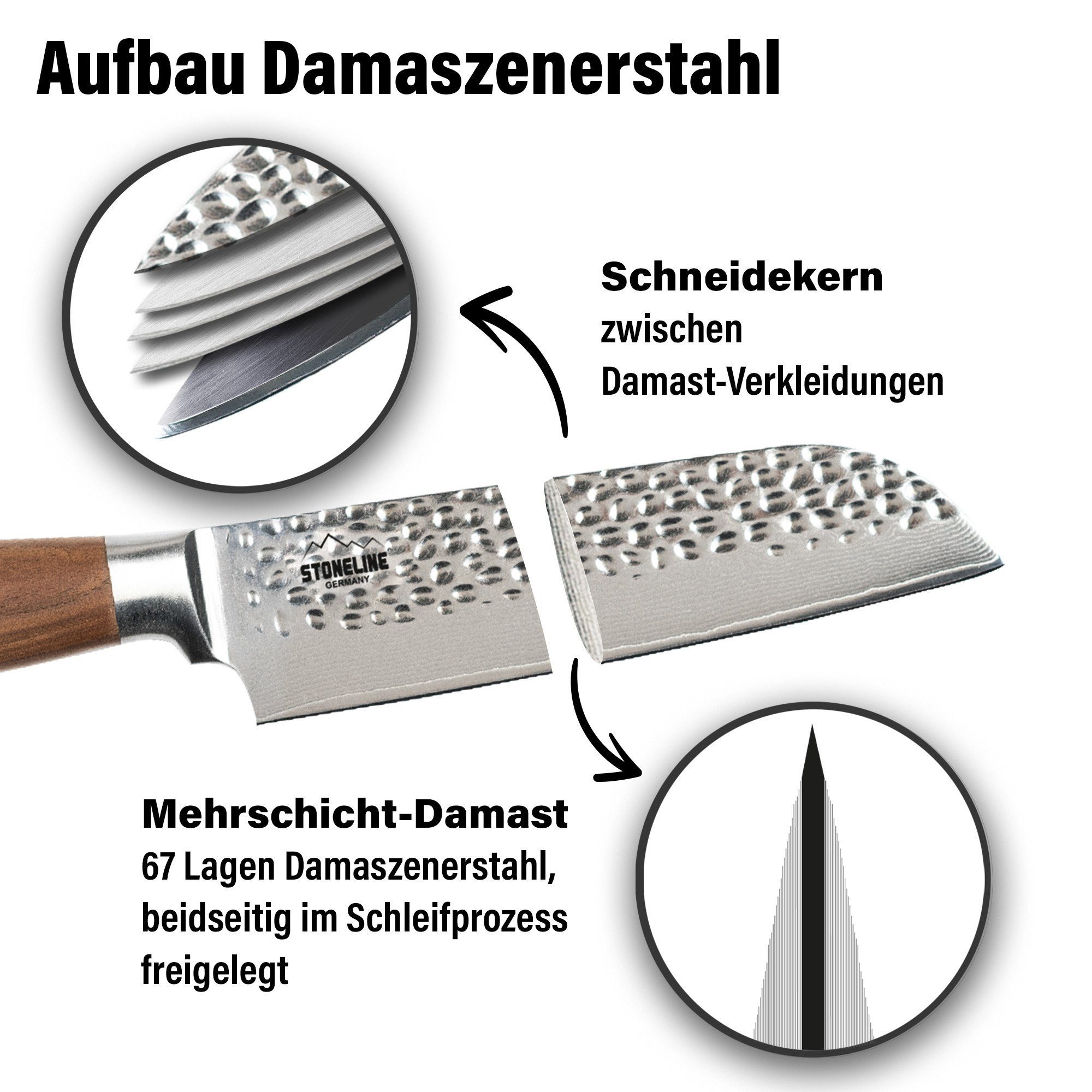 STONELINE Messer-Set Hammerschlag Santokumesser 30,5 aus cm, Damaszenerstahl
