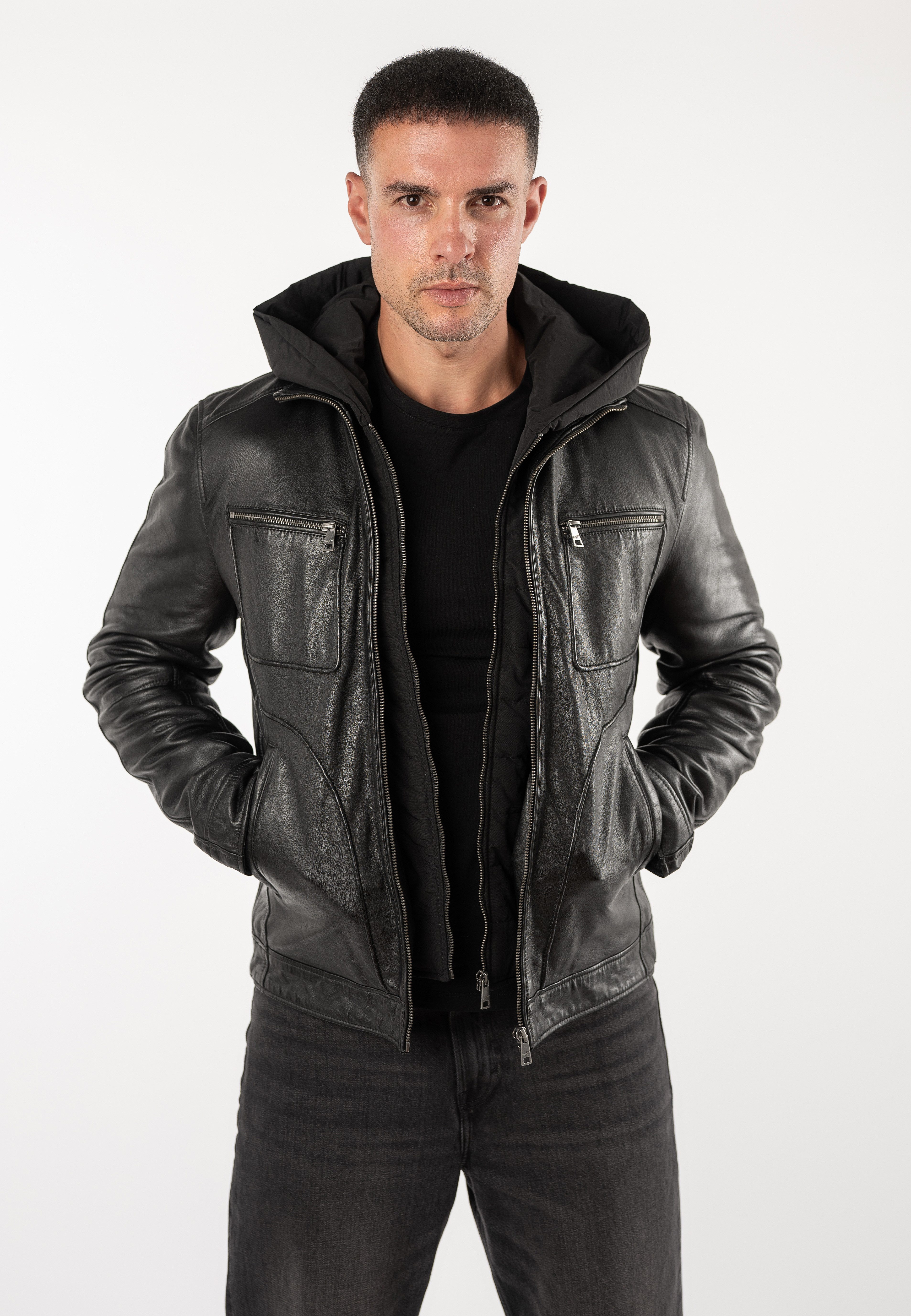 Mauritius Lederjacke MMHocki (mauritiusHerren26) im Biker-Stil mit Kapuze aus Nylon