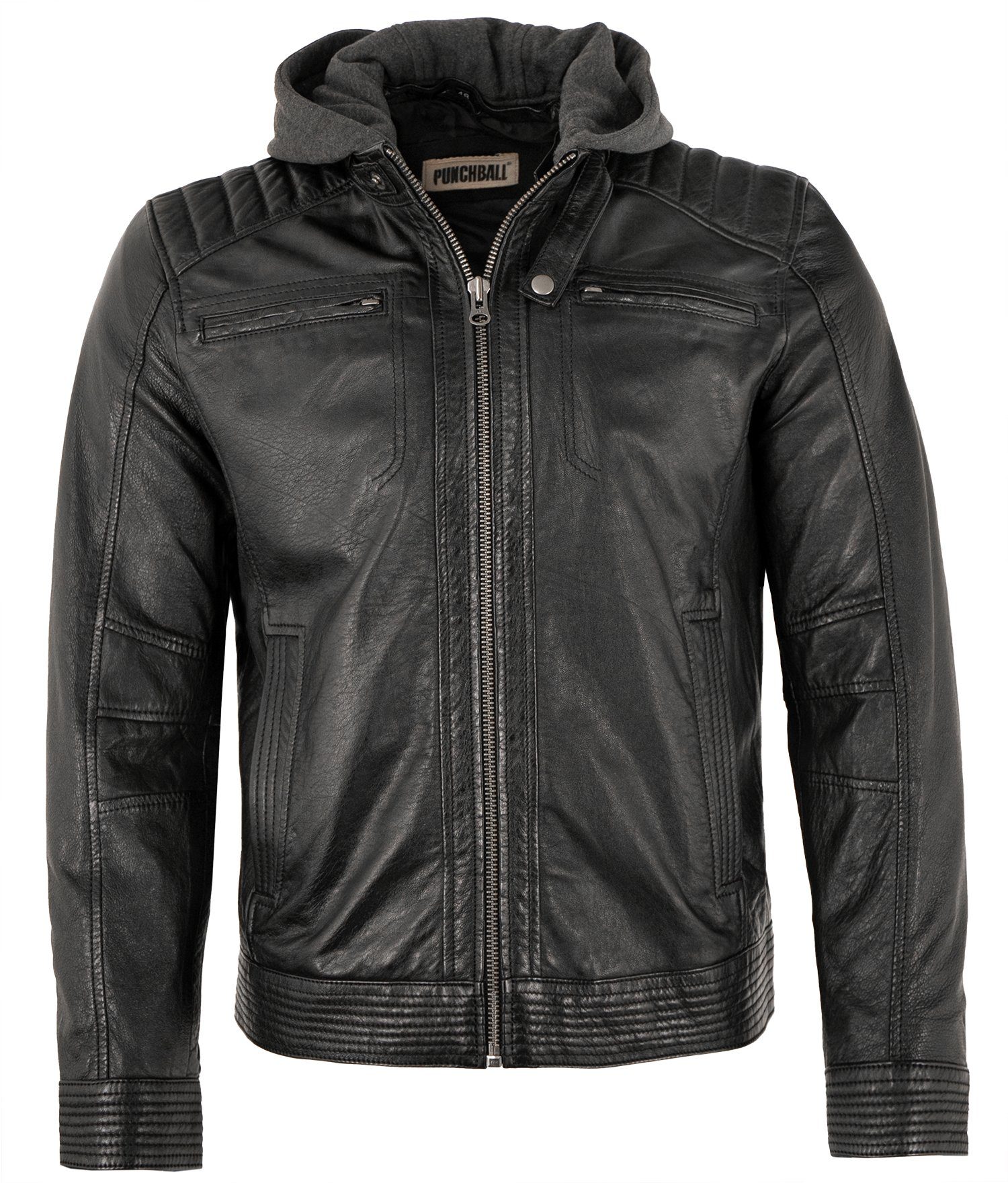 PUNCHBALL Lederjacke PB-HW 22-502 Echtleder Herren Lederjacke Bikerjacke Kapuze Lammnappa schwarz