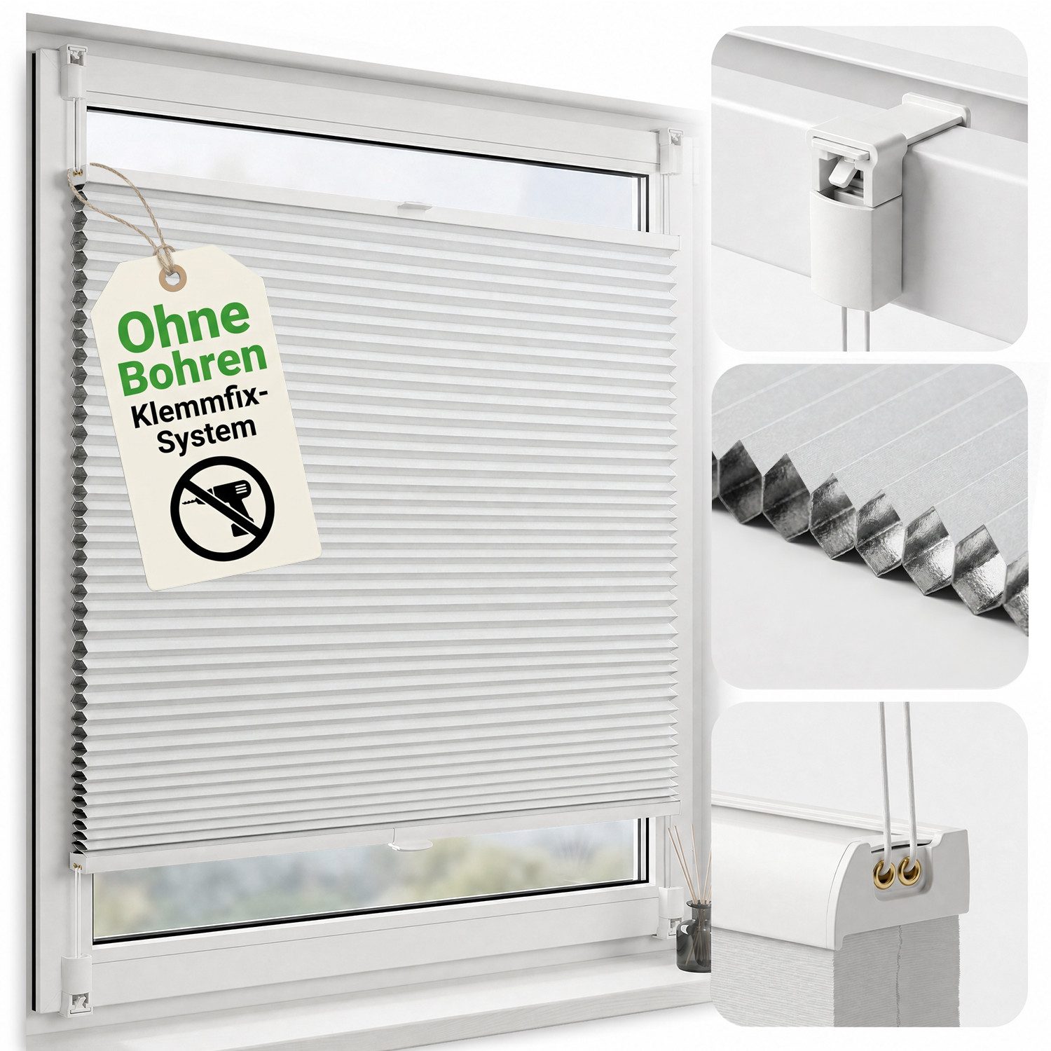 Salcar Wabenplissee Klemmfix ohne Bohren Thermo Plissee verspannt verdunkelnd blickdicht, Weiß 35x100cm,Fenster Tür Sonnenschutz Hitzeschutz Doppelplissee