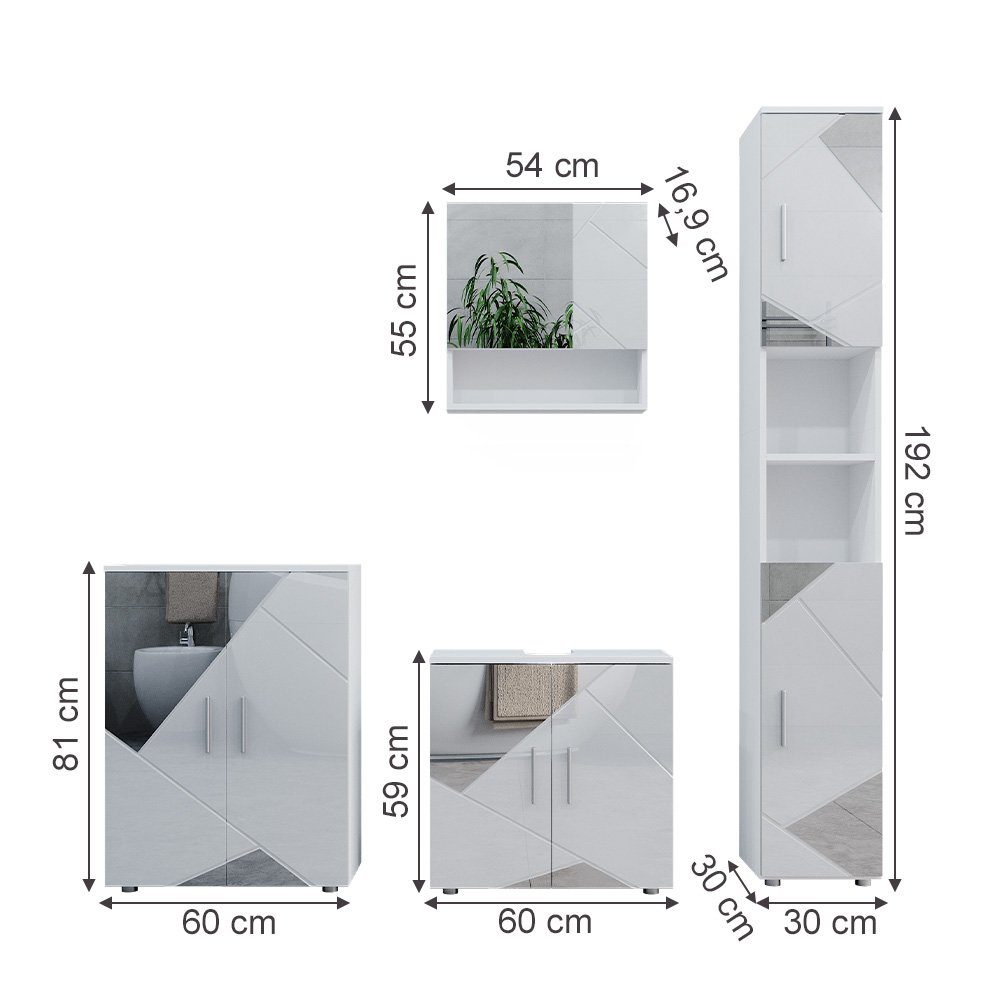 Vicco Badmöbel-Set Irma Weiß Hochglanz mit Einsätzen 4 Teile, +Hochschrank und Kommode, (4-St., 4er Set)