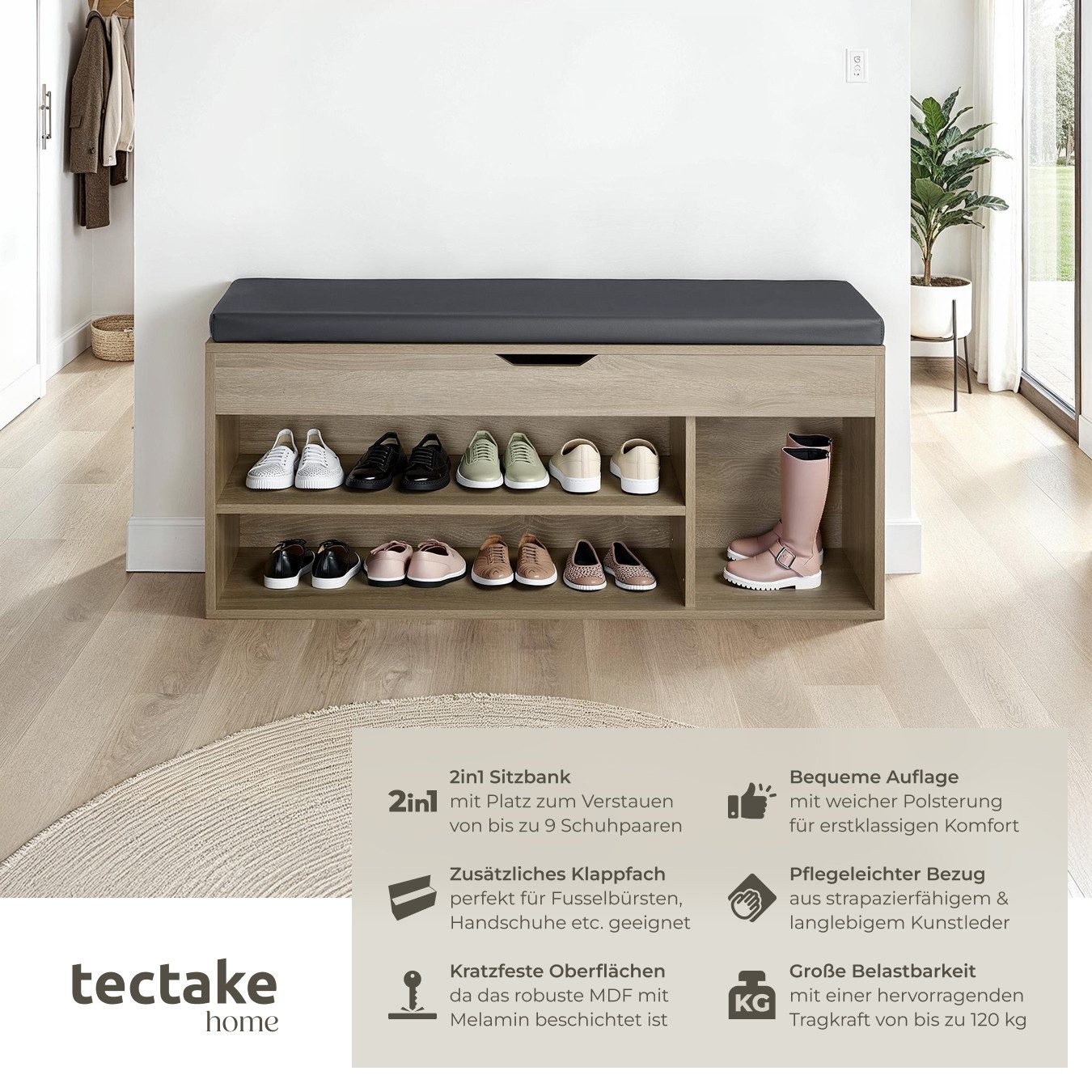 tectake Schuhschrank Schuhbank Natalya mit Sitzpolster für 9 Paar Schuhe, 1 günstig online kaufen