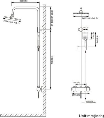 Lovhaus Duschsystem mit Thermostat, Duschset mit 25 * 25cm Quadratisch Regendusche, 3 Strahlart(en), 3 Strahlarten Handbrause und 81-117cm Einstellbar Duschstangen
