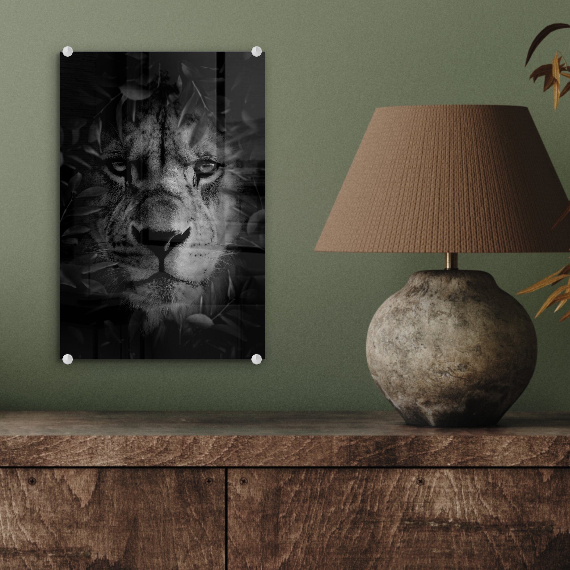 - Wandbild Löwen auf und Nahaufnahme - auf Bilder Glas Glasbilder Acrylglasbild Dschungel St), Foto im weiß, schwarz eines bunt (1 - - MuchoWow mit Blättern Glas Wanddekoration