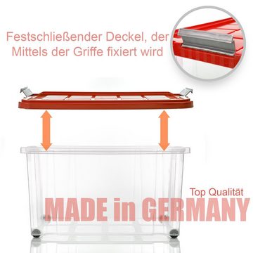 BigDean Aufbewahrungsbox 2x 60 L Aufbewahrungsbox mit Deckel + Rollen rot Stapelbox