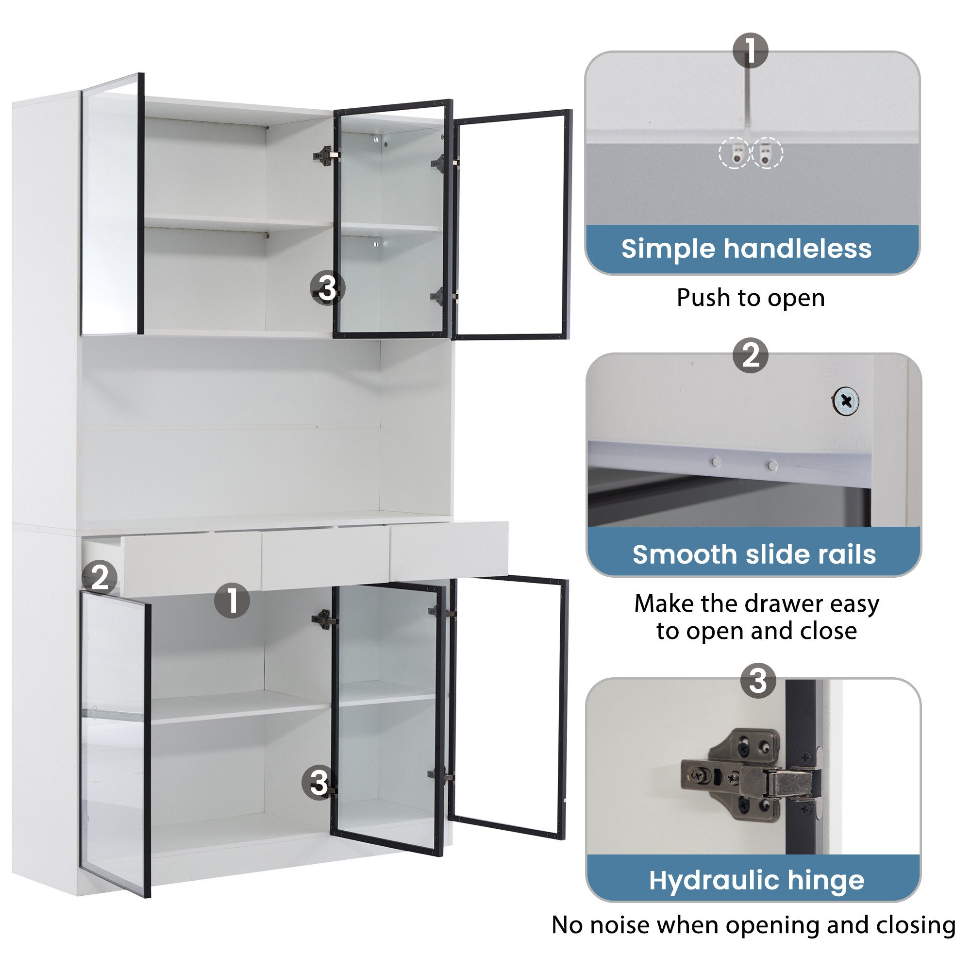 Odikalo Vitrine Vitrine Modern Vitrine mit Schubladen Vitrine 3-türig 200cm Weiß (30*120*200CM) Multi Storage Bücherregal Sammlung,8 Fächer, griffloses Design – Bild 4 von 5