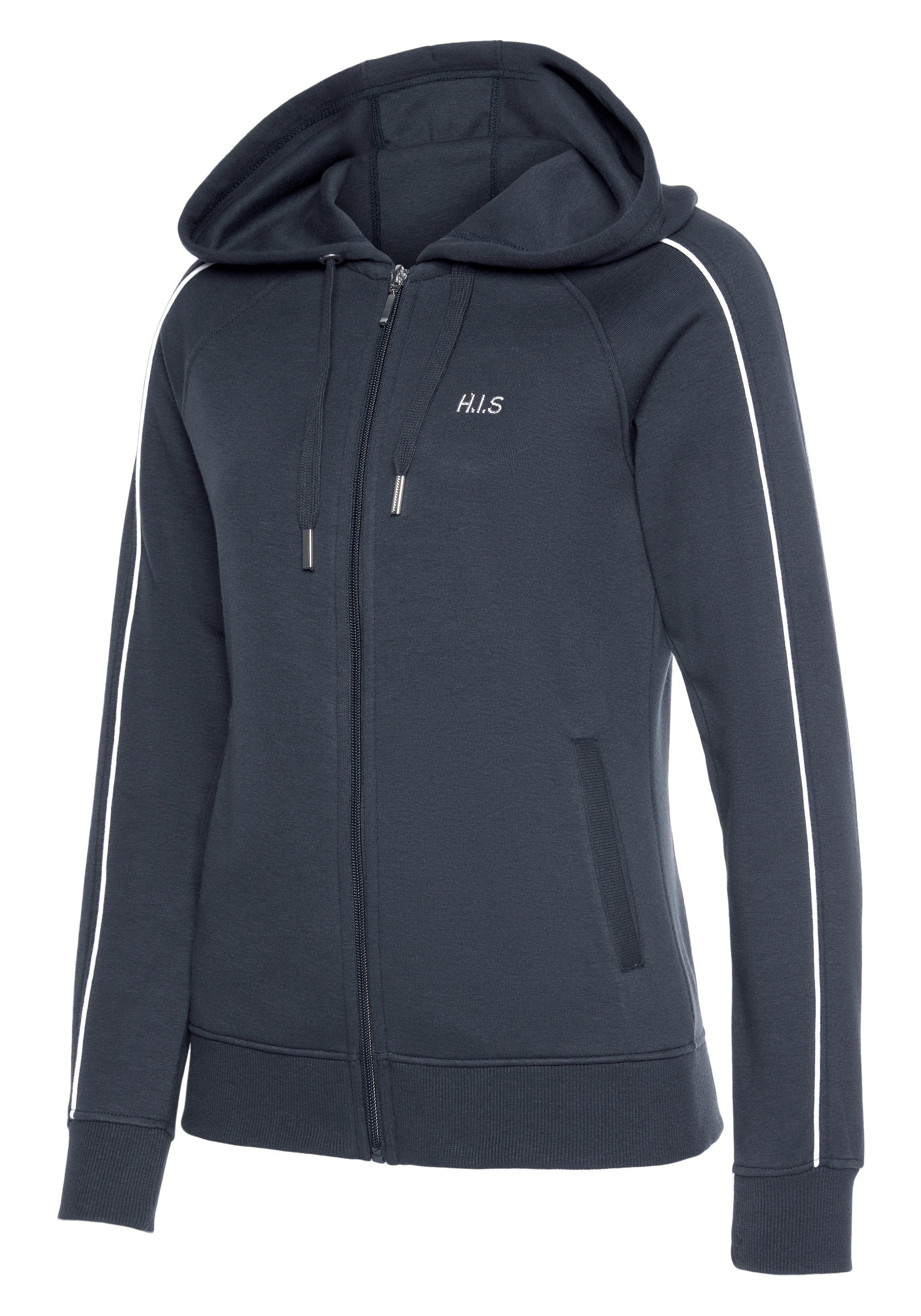 H.I.S Kapuzensweatjacke mit Piping an den Ärmeln. Ideal für Sport- und Freizeit.