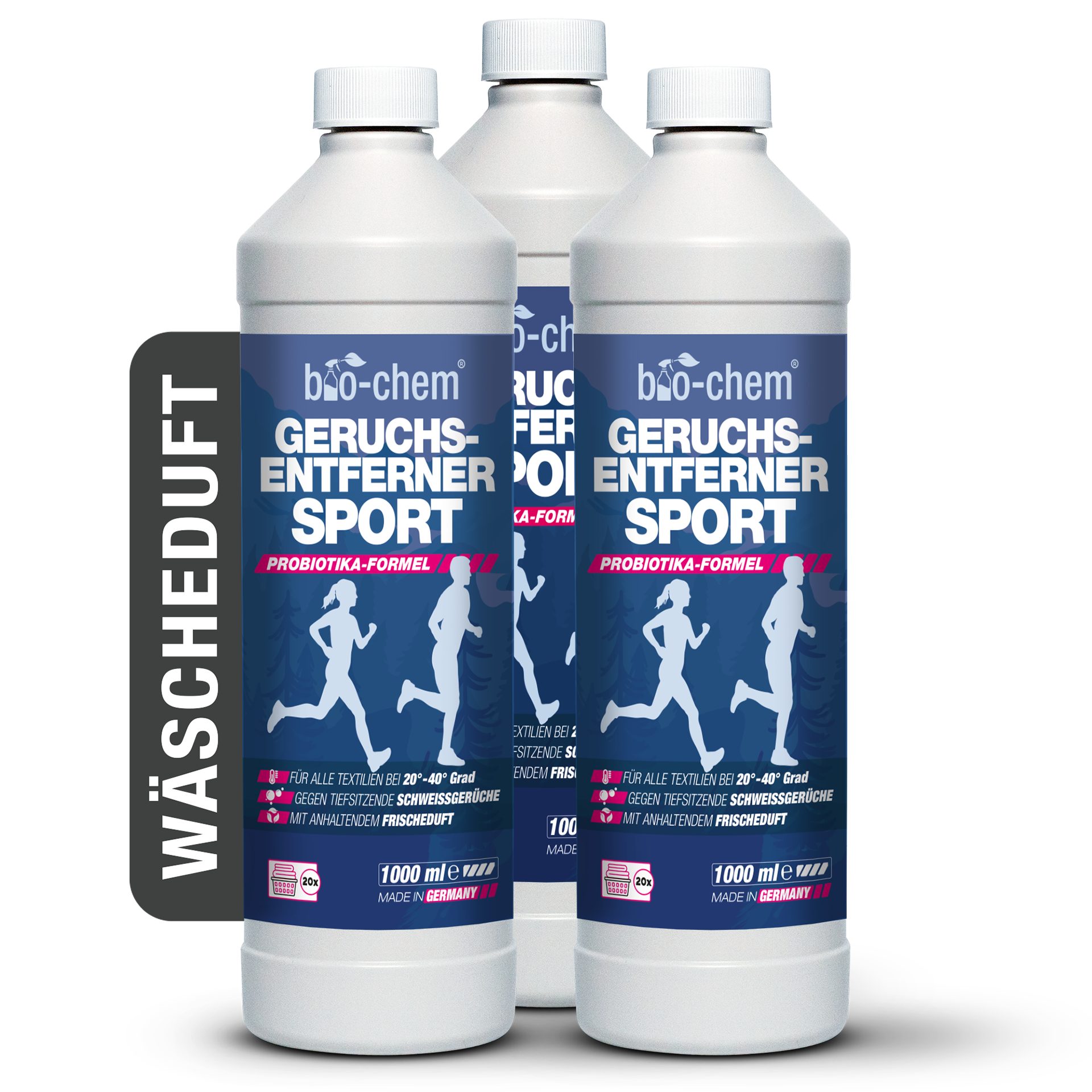 bio-chem Textilerfrischer Geruchsentferner & Wäscheduft Sport 1 L - Probiotischer Waschzusatz (Geruchsentferner Sport 3x 1 L + Dosierbecher)