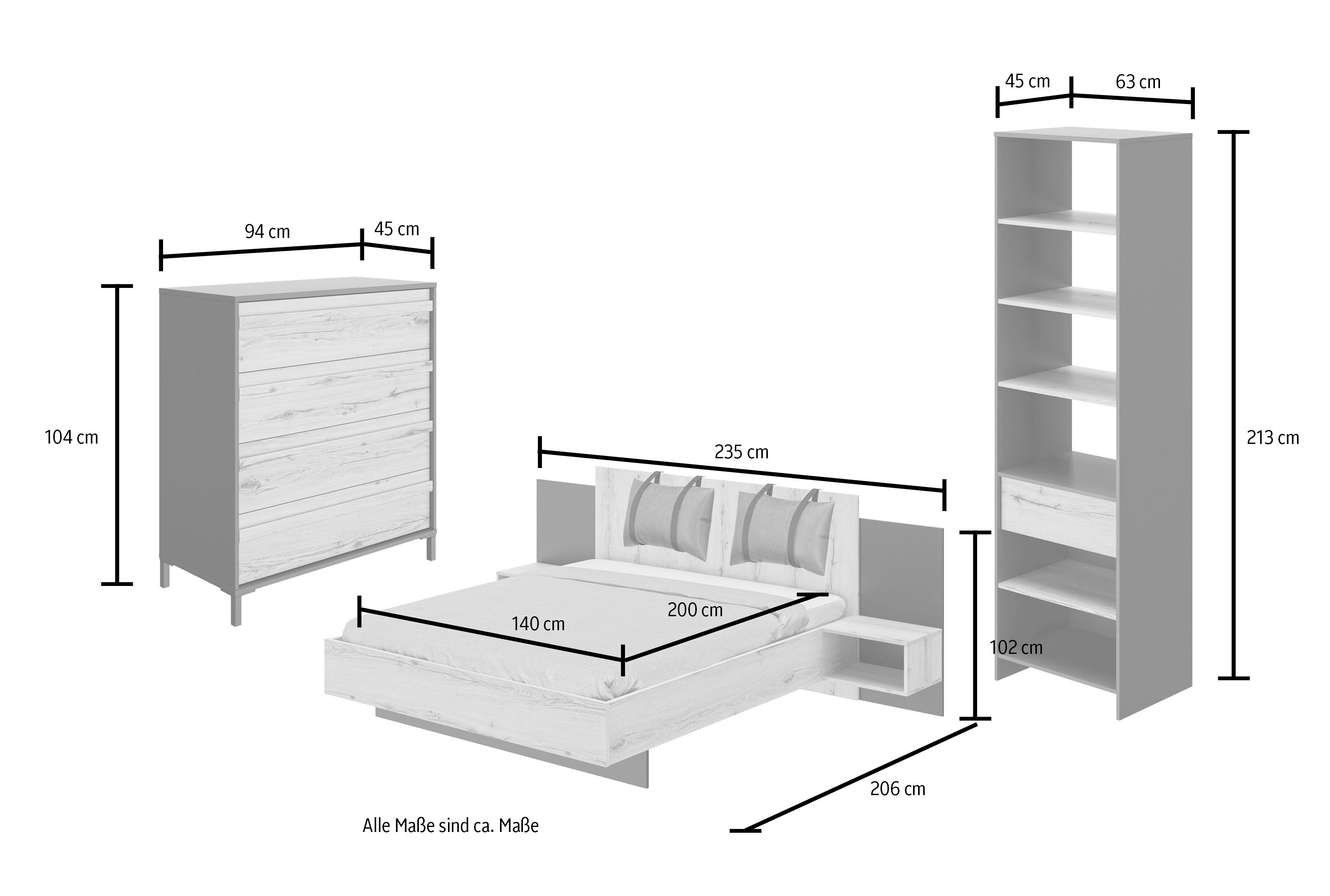 Gami Schlafzimmer-Set Mimizan, (6-St., inkl. Kleiderschrank, 2 Nachttische, 1x und Bett, Kissen 1x Kommode) 2x