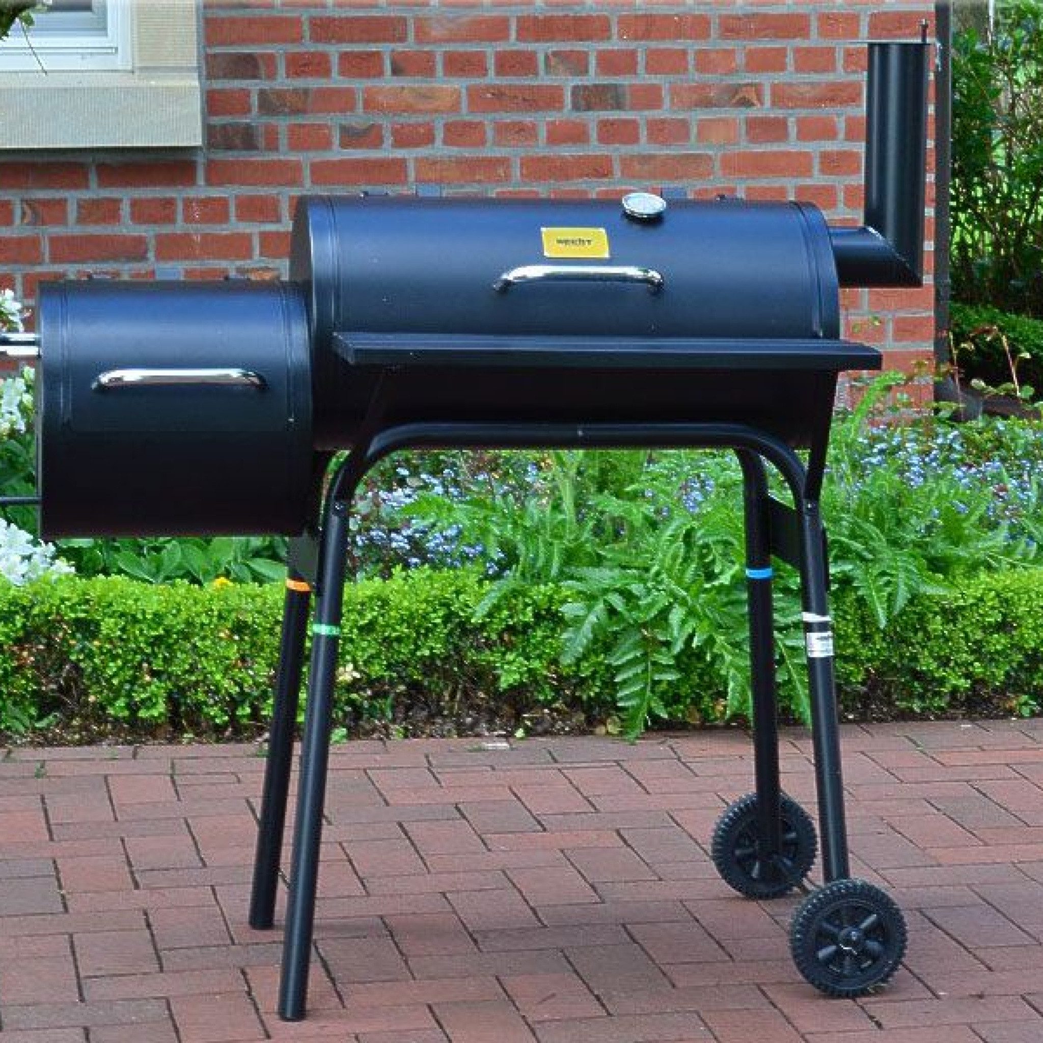 Hecht Smoker Holzkohlegrill Grillwagen mit Deckel, Thermometer, 2 Brennkammern, 1 mm Stahlblech, Drosselklappen
