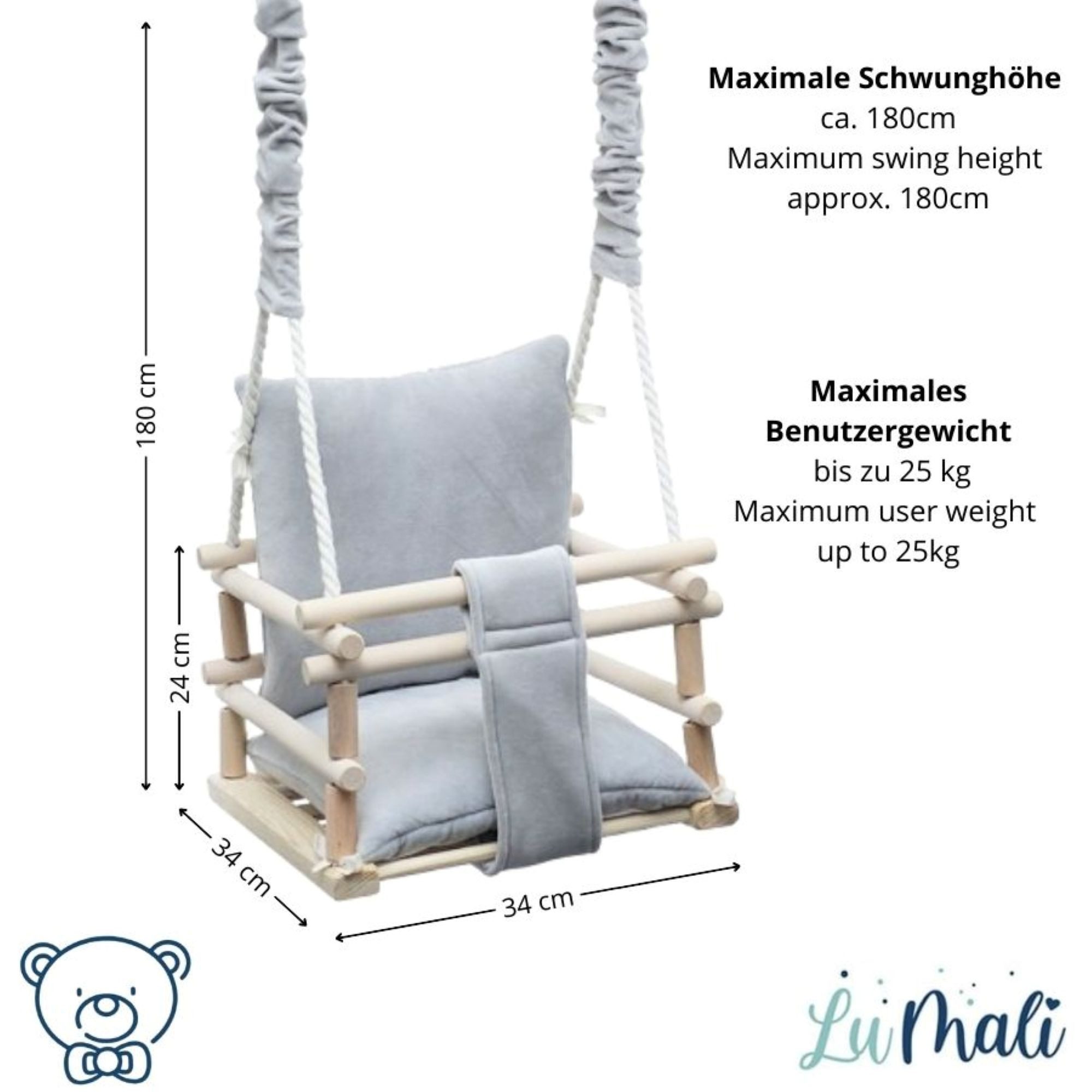 LuMali Babyschaukel Babyschaukel 3in1 Holz Sicherheitsgurt drinnen draußen 34x34x28cm, Kinderschaukel Naturholz Kiefer weich verstellbar 6-36 Monate