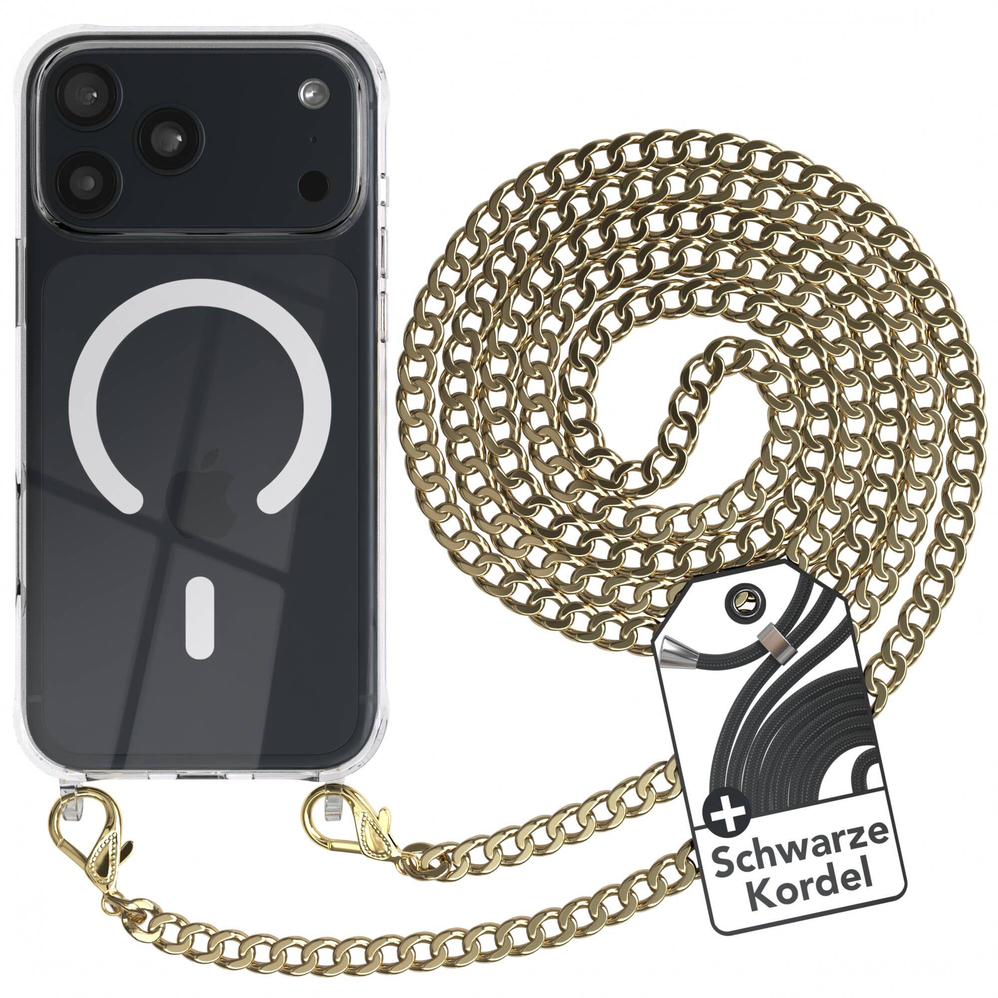EAZY CASE Handykette Metall MagSafe Hülle für Apple iPhone 18 Pro Max 6,9 Zoll, Handyhülle Transparent Smartphonekette für Unterwegs Necklace in Gold