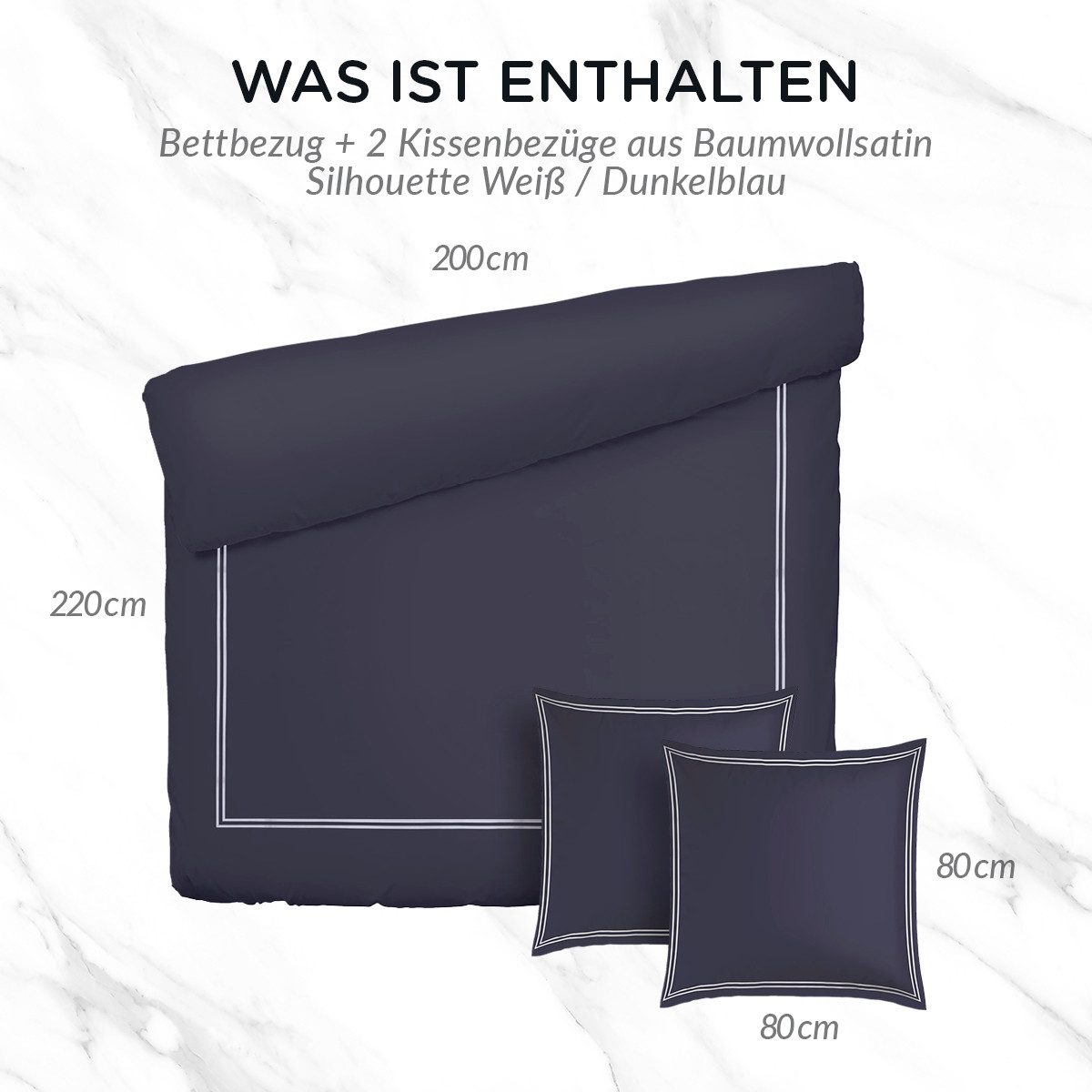 Pure cottom Bettwäsche Satin-Bettwäsche weiß/dunkelblau, 200x220 & 2x 80x80 cm