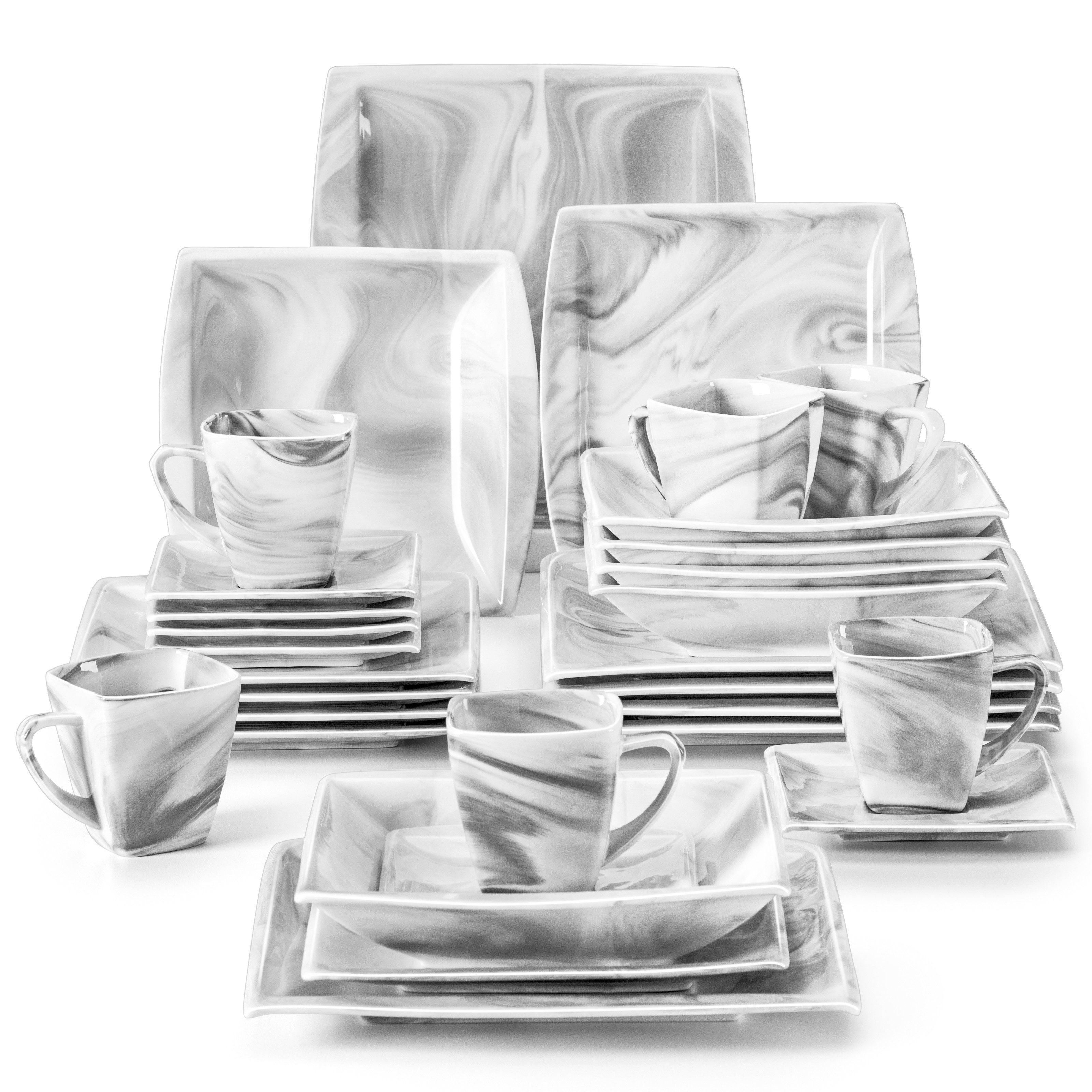MALACASA Geschirr-Set Tafelservice BLANCE für 6 Personen (30-tlg), 6 Personen, Porzellan, Porzellan Geschirrset, Marmor-grau