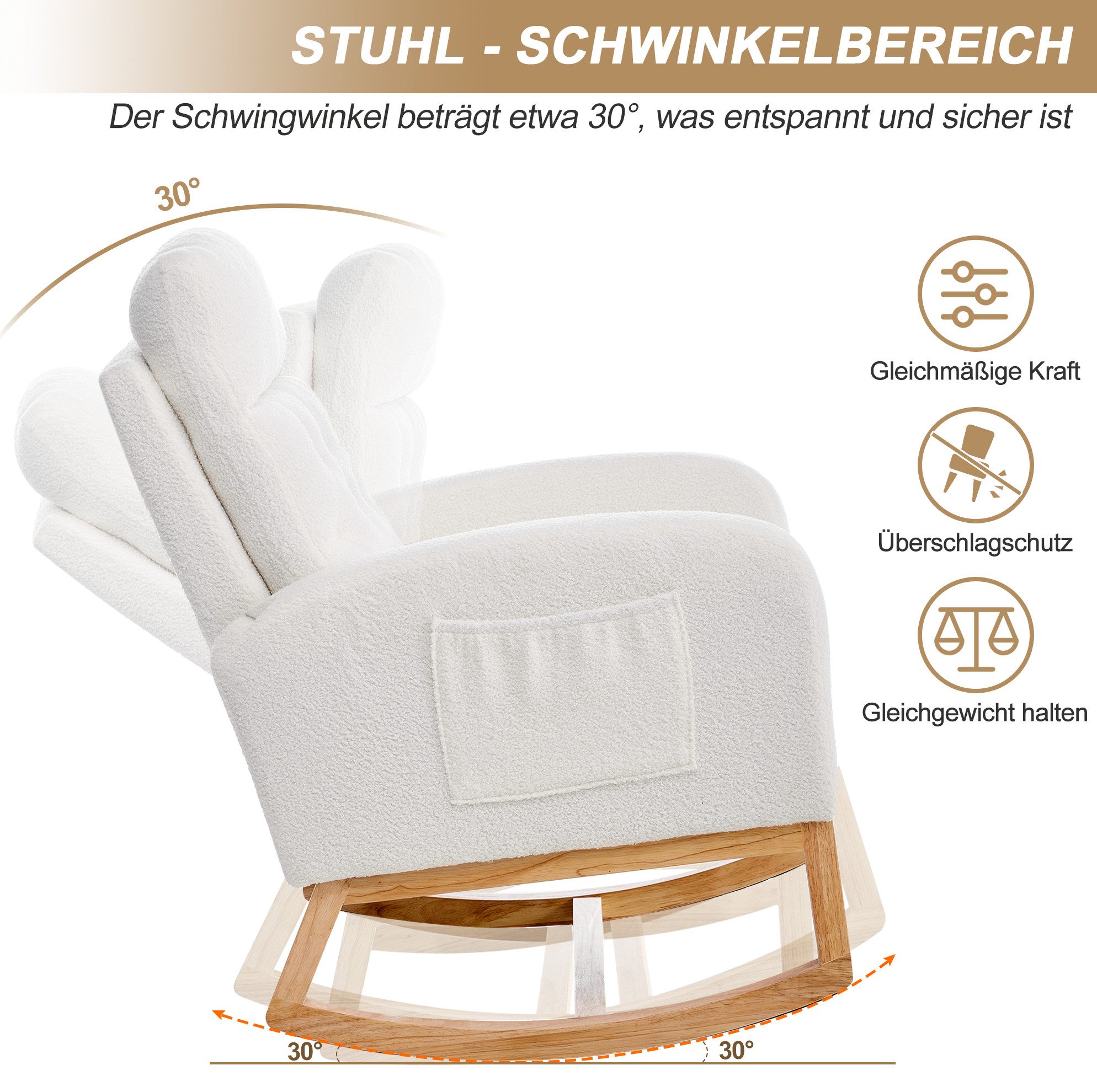 OKWISH Schaukelstuhl Relaxsessel mit verstellbarer Fußstütze & USB (Weiß, 65.6×123×102 cm, 136 kg belastbar, 1 St), Teddy-Fleece, Seitentaschen, Massivholzrahmen