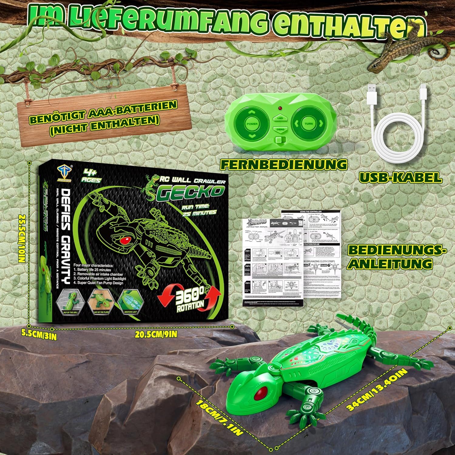 Esun RC-Tier Gecko Wandflitzer, Ferngesteuerte Eidechse Wand Klettern, mit LED (Set, Komplettset), Kann an Wänden und Decken hochkriechen, ab 3 jahre