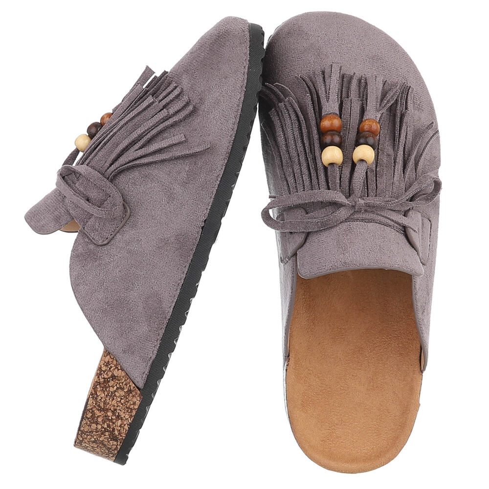 Ital-Design Damen Clog mit Fransen und Perlen, Schlupfschuh Pantolette (91742355) Flach Pantoletten in Grau – Bild 2 von 5