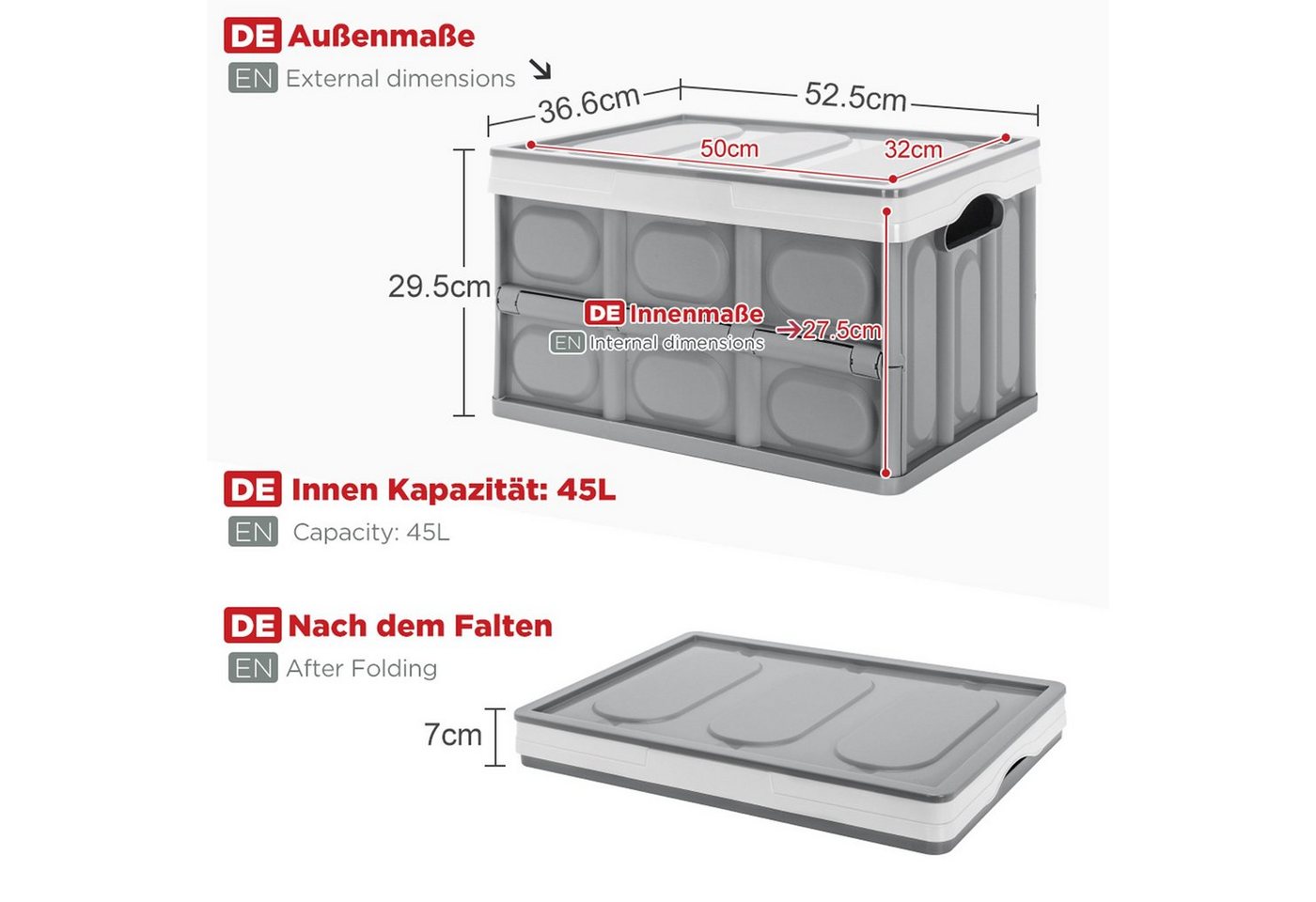 Thumbnail - Yorbay Klappbox 2x Klappbox Transportbox Aufbewahrungsbox aus Kunststoff, 45 l, mit Deckel und Handgrif, Fassungsvermöge...