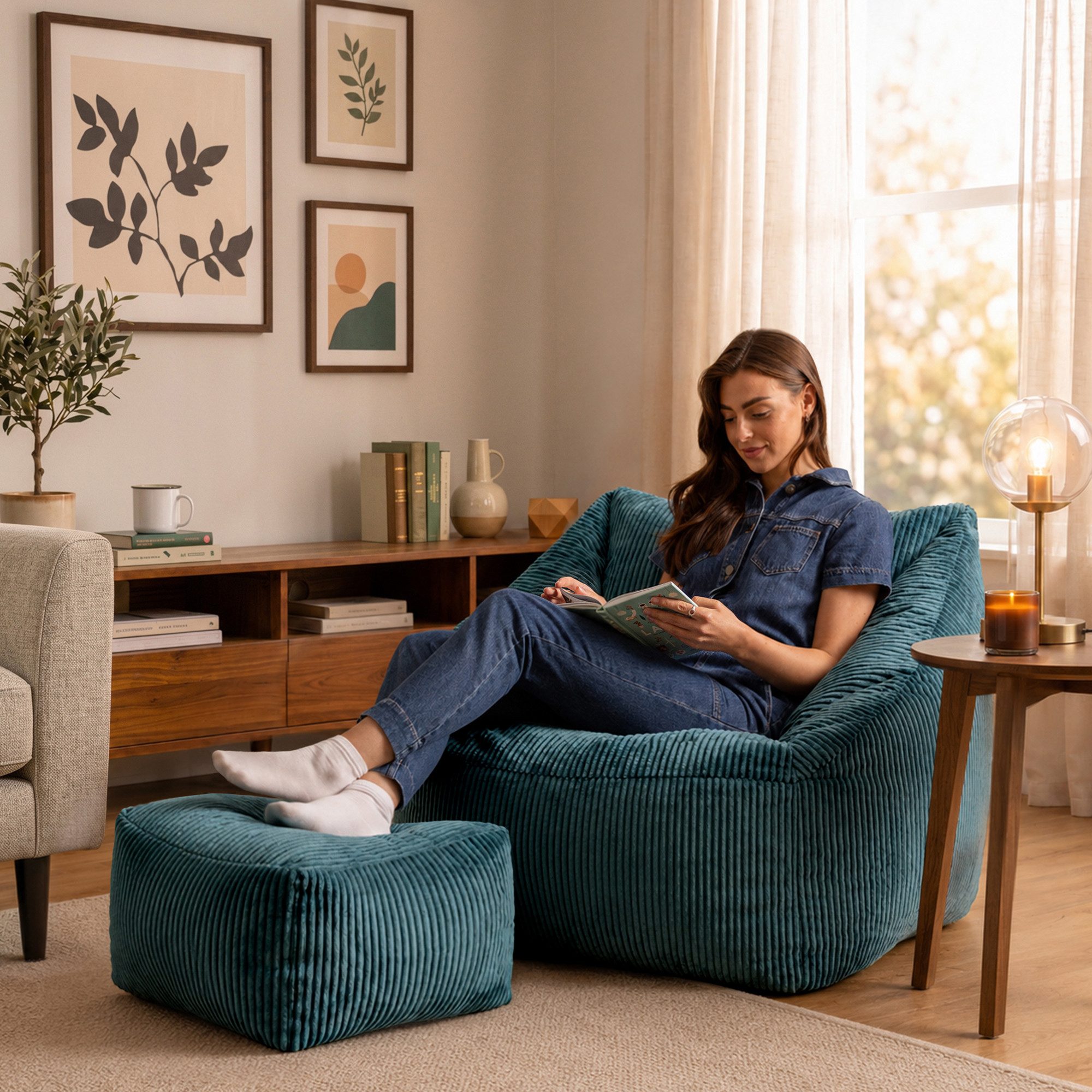 icon Sitzsack Riesen Sessel aus Cord Flauschig „Natalia" mit Hocker (Spar-Set, 1 x Sitzsack-Sessel, 1 x Fußhocker), Sitzsack XXL, Made in Germany, für Erwachsene & Kinder, für Wohnzimmer