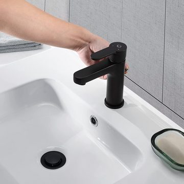 CECIPA Waschtischarmatur schwarz Wasserhahn Einhand-Badezimmerarmatur (Waschbeckenhahn, 1-St., Mit Zugstange und Ablassschraube) 16,9 cm Wasserhahn mit Hebel