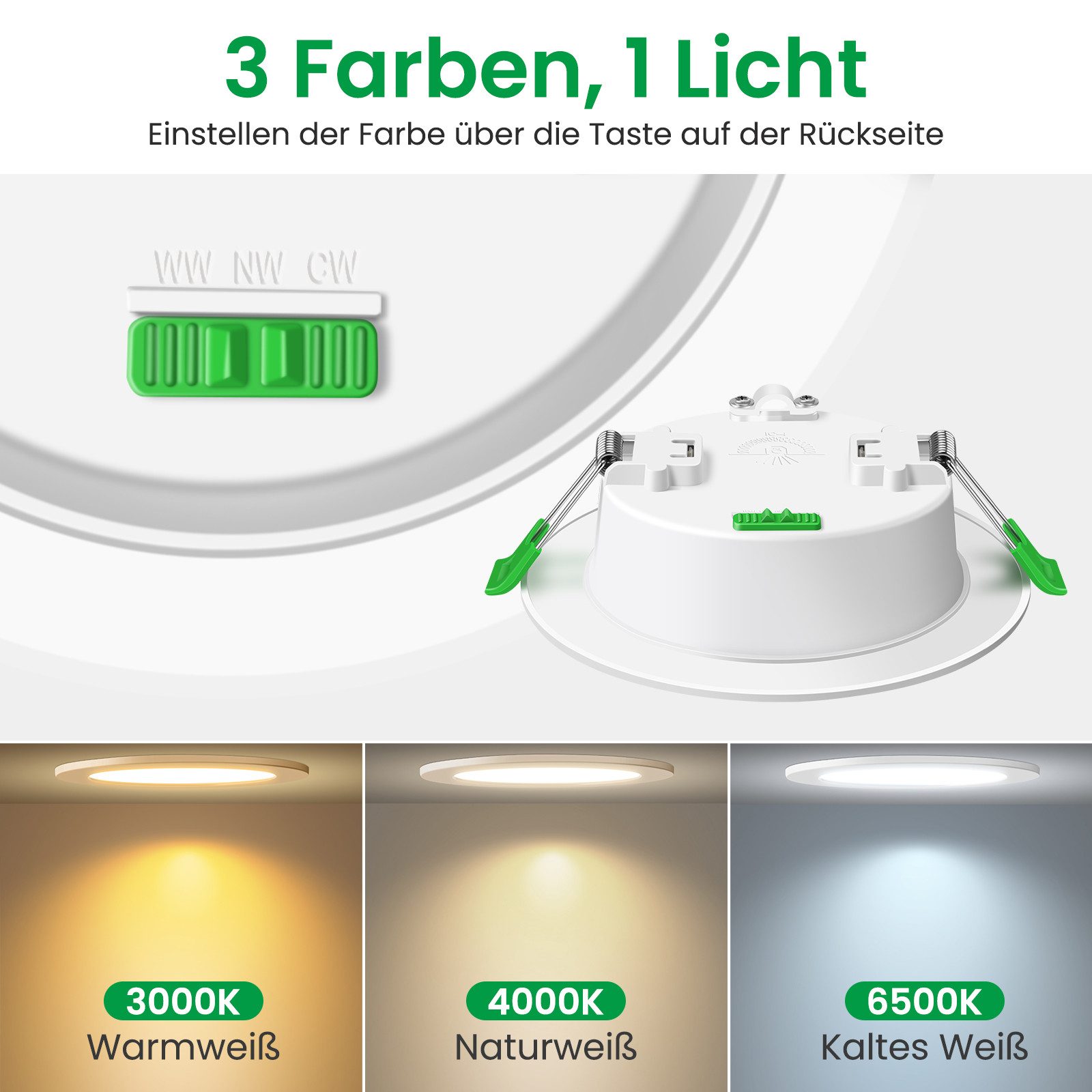 ALUSSO LED Einbauleuchte 6er-Set, Einbau-Spots, 3CCT, IP44, E-Klasse, dimmbar, 8W, 850lm, Weiß