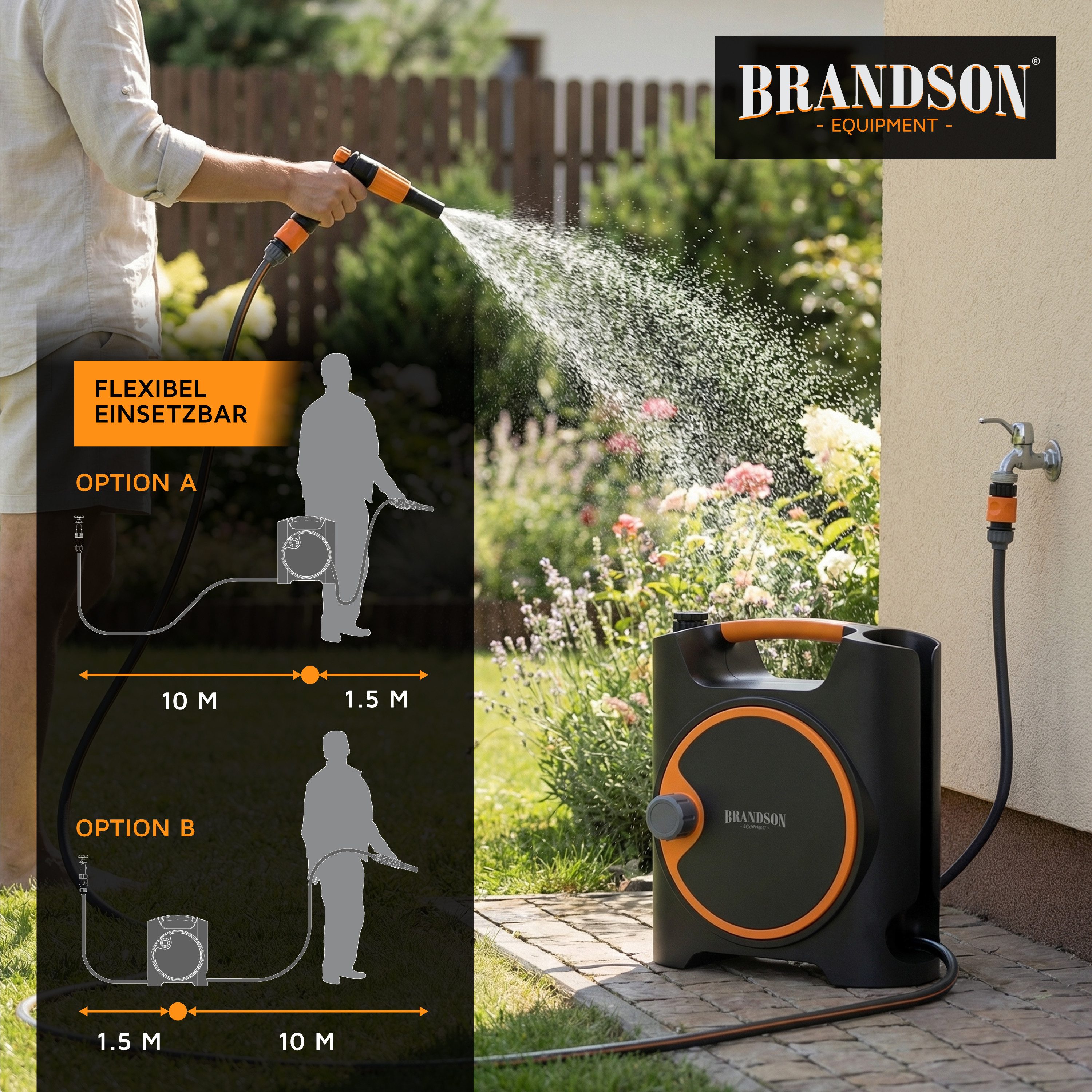 Brandson Wandschlauchbox Schlauchaufroller Wandbox, 10m Gartenschlauch 11 mm Ø, Schlauchtrommel, (Set, inkl. Spritzdüse, Wasserhahnanschluss), ½ Zoll Schnellkupplung, Spritzdüse, Trommel für Garten Terrasse Hof