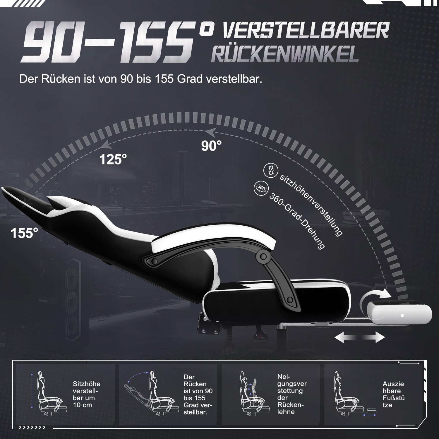 Adormii Gaming-Stuhl Gaming Stuhl ergonomisch Gaming Chair Bürostuhl verstellbare (Gaming Stuhl mit verstellbaren Lendenkissen, Armlehne und Kopfstütze, Gamer S – Bild 3 von 5