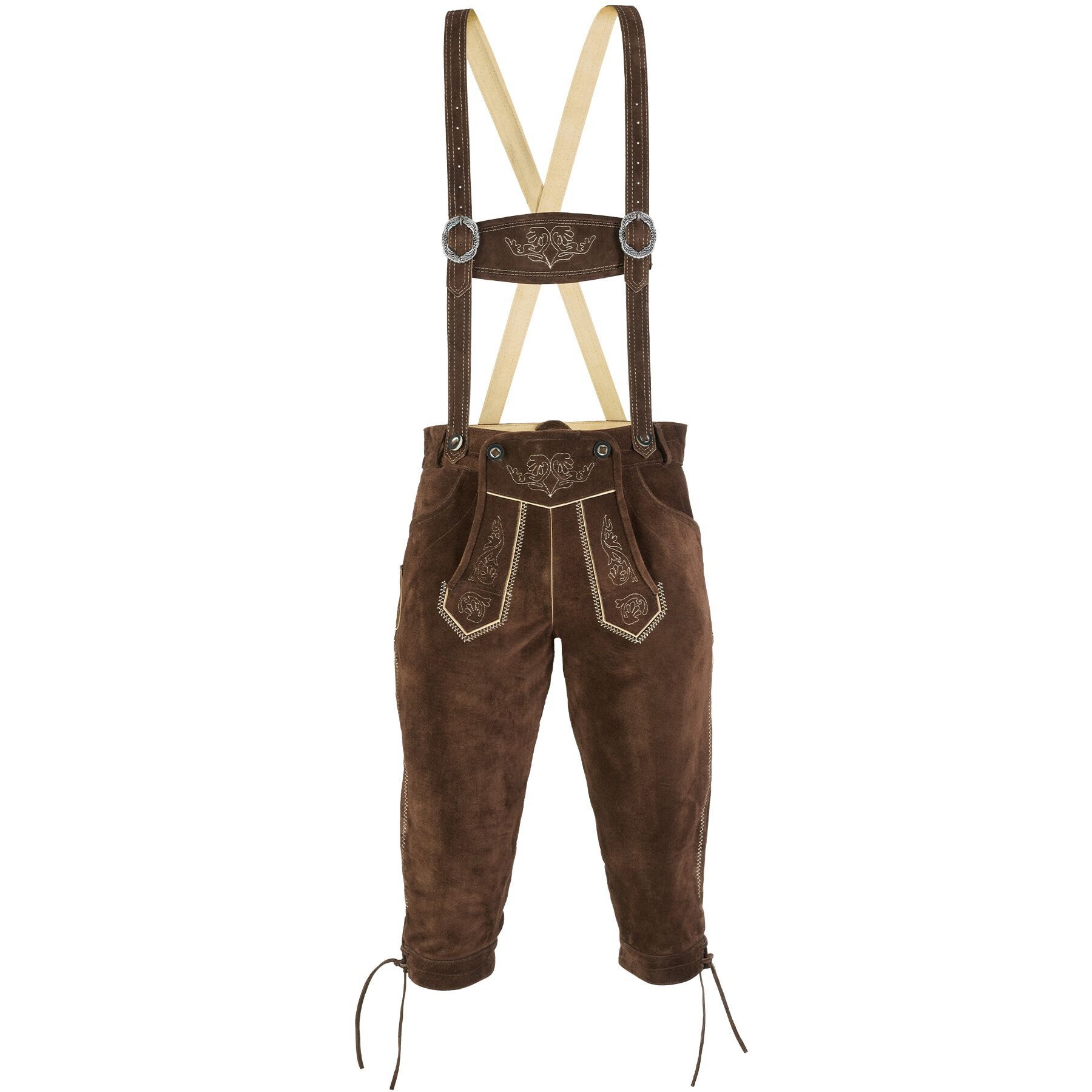 dressforfun Trachtenhose Edle Lange Lederhose aus Rind mit traditionellen Stickereien (Herrenhose Jakob, für Volksfeste in Dunkelbraun) Robust und langlebig, Inkl. verstellbaren Hosenträgern und Gürtel
