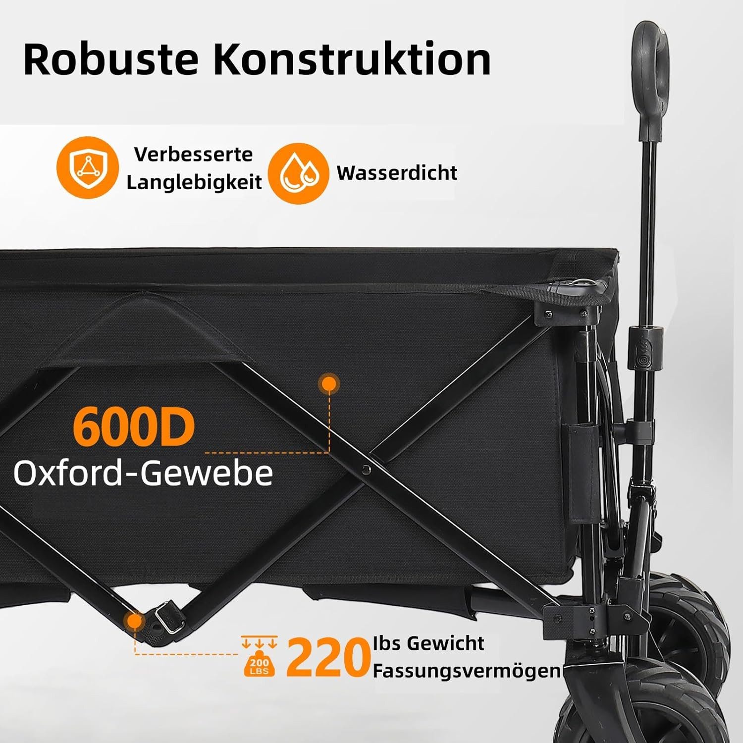 LALAHO Bollerwagen Faltbar, 18cm Extra Breite Reifen, bis zu 100 kg, Verstellbarem Griff, klappbar Transportwagen, 107x54x91 cm