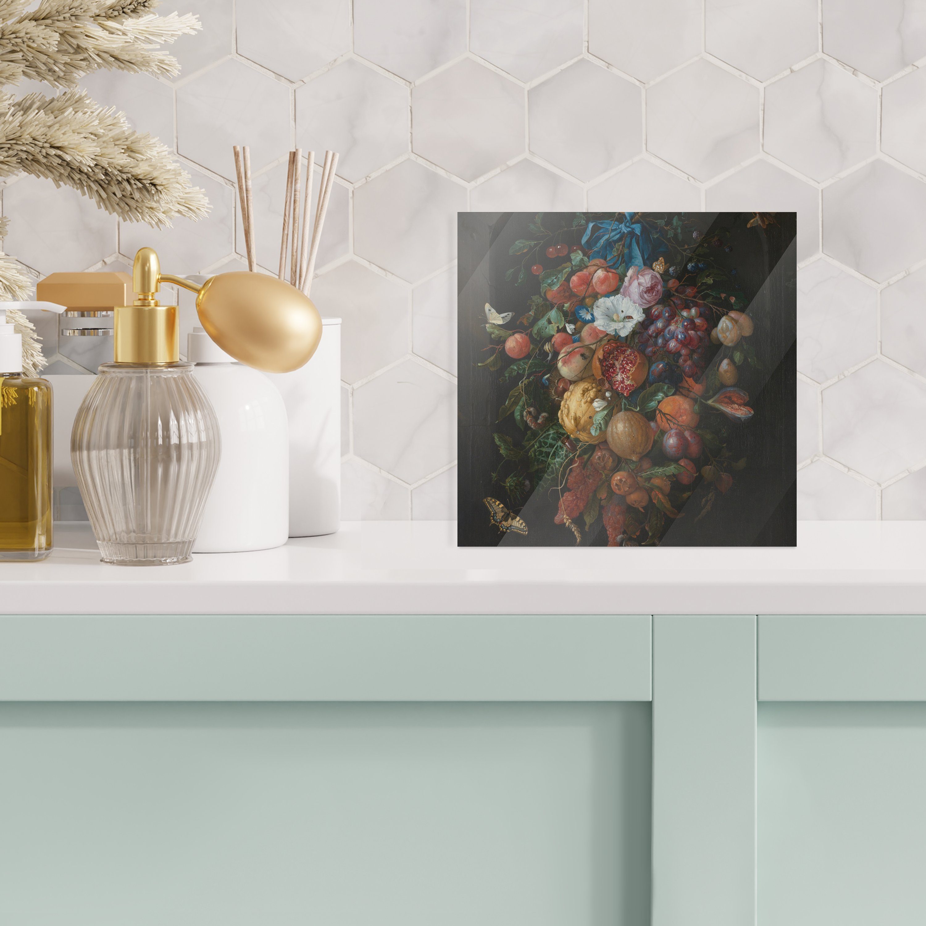 MuchoWow Acrylglasbild Früchte und Blumen (1 Wanddekoration - Heem, - Wandbild Glas Foto Gemälde Davidsz. - Bilder von de Glas auf Jan auf - St), Glasbilder