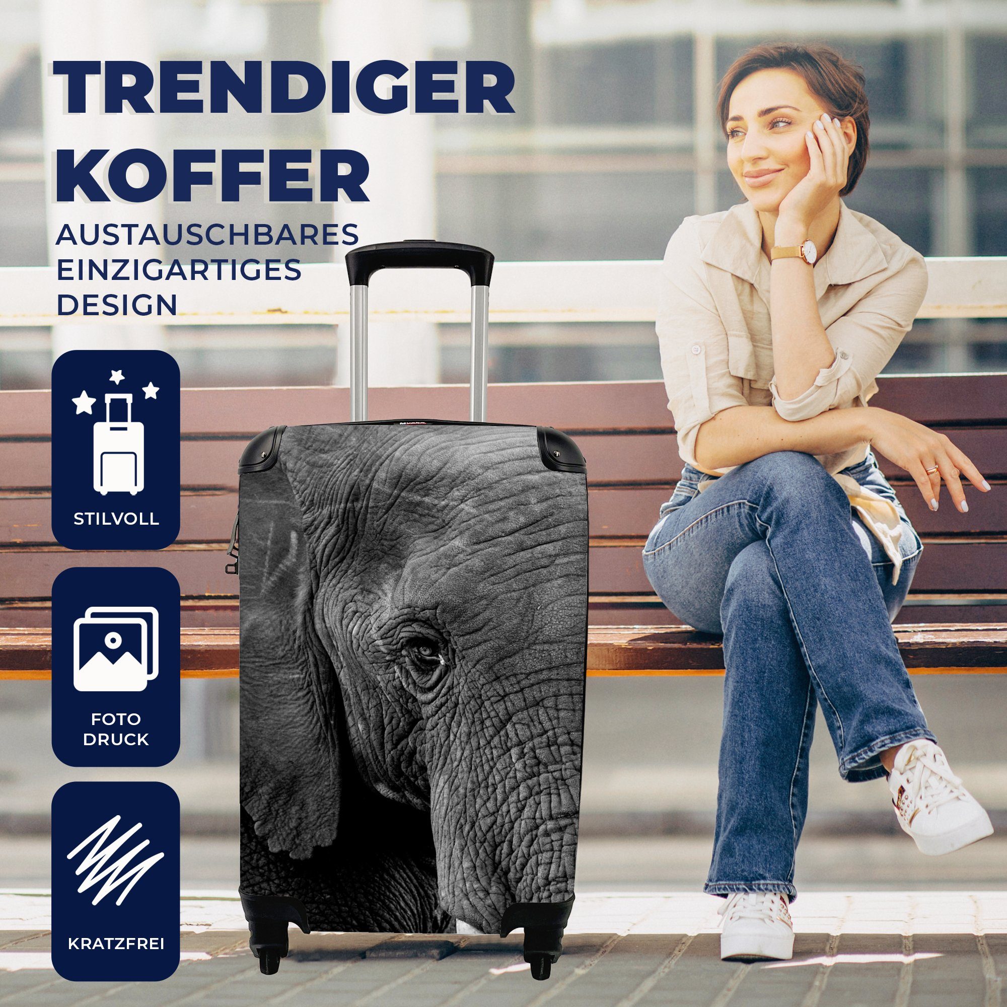 Reisetasche mit für Trolley, MuchoWow Tiere Schwarz Natur, - Elefant Handgepäck - - - rollen, Reisekoffer Ferien, Handgepäckkoffer Rollen, 4 Weiß