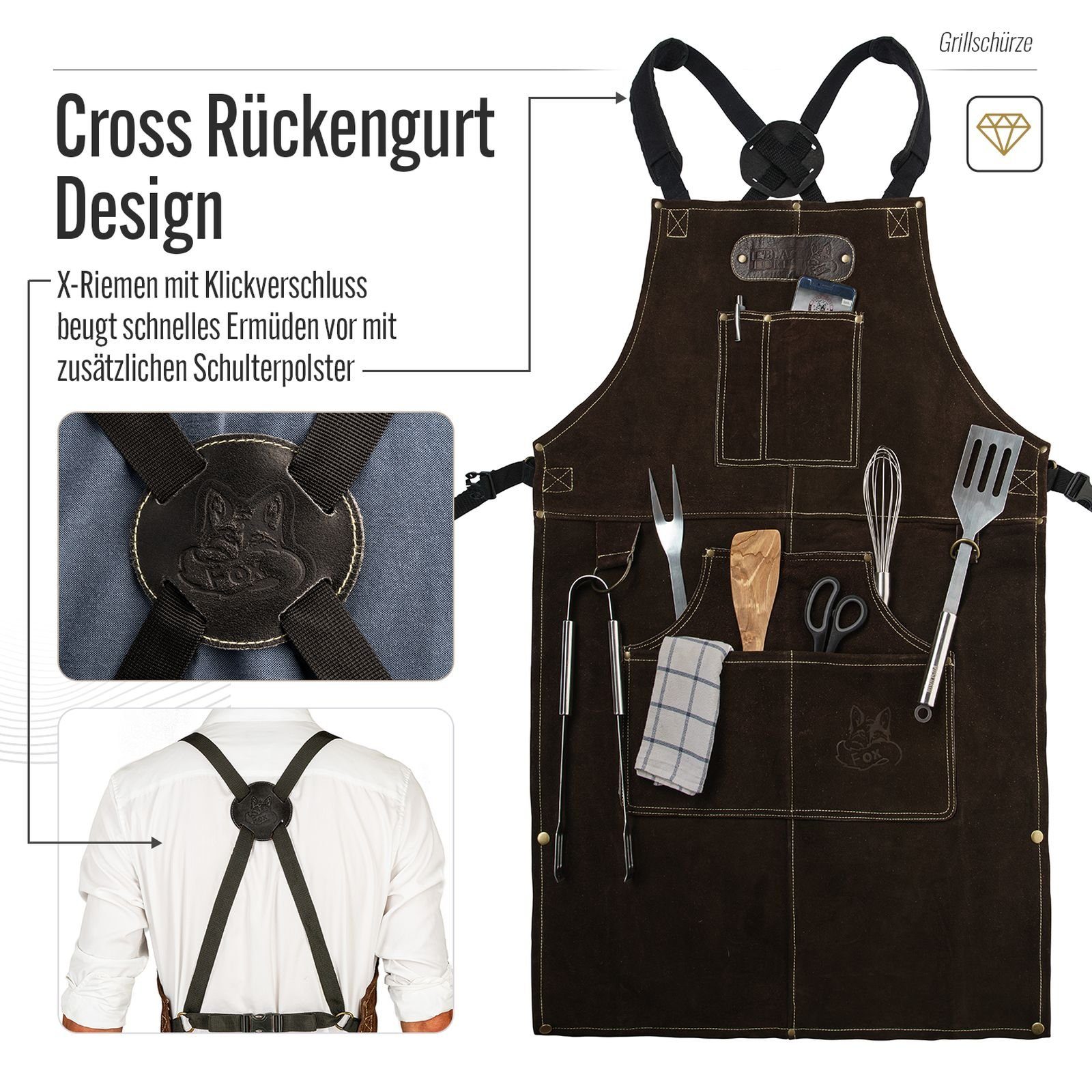 BLACK FOREST FOX Grillschürze ROUGH SET Büffelleder Grill Koch & Küchen Schürze + Holly Holster, (Set), SET Dunkelbraun – Bild 5 von 5