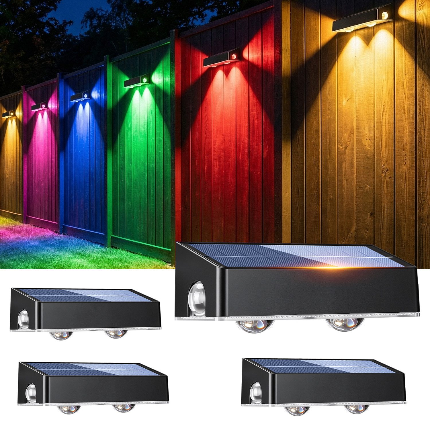 oyajia Außen-Wandleuchte 4 Stück Solarlampe für Außen, LED Solarleuchte Außen Wandlampe Up Down, LED fest integriert, Kaltweiß, Warmweiß, RGB, RGB LED Solarleuchte für Veranda, Garten, Terrasse, Zaun, Wand, Balkon