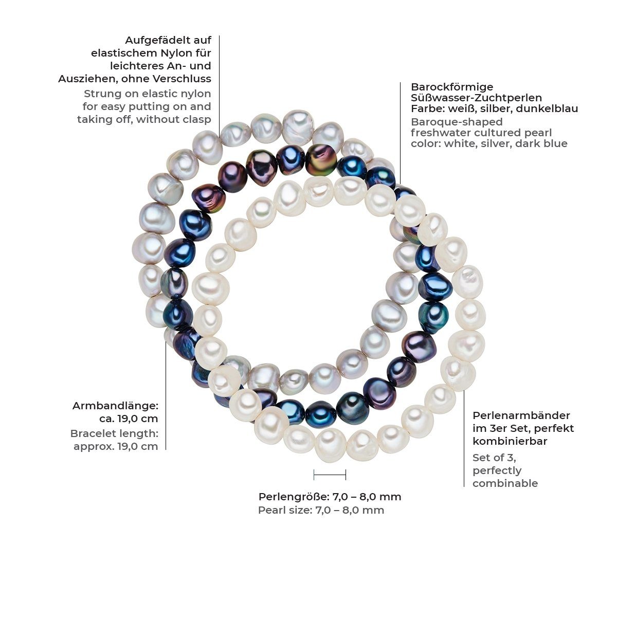 Valero Pearls Perlenarmband 3er Set Armband, Süßwasserzuchtperlen, in weiß/blau/silber, aus Süßwasser-Zuchtperlen