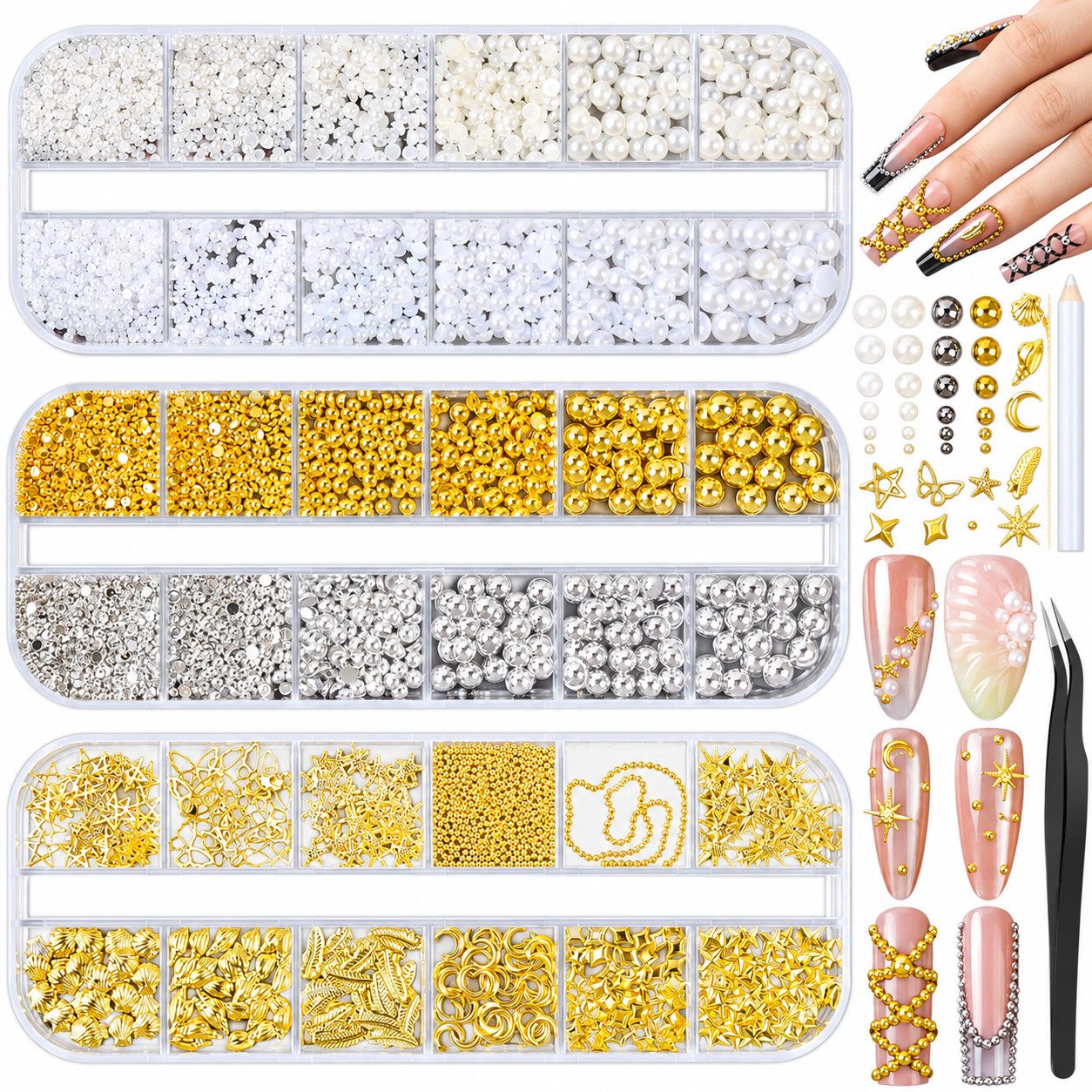CLTYQ Kreativset Gold Nagel Edelsteine, 3D Stern Nagel Charms, Flatback Perlen weiß, beige, halbrunde Silber und Gold Nagel Charms, …