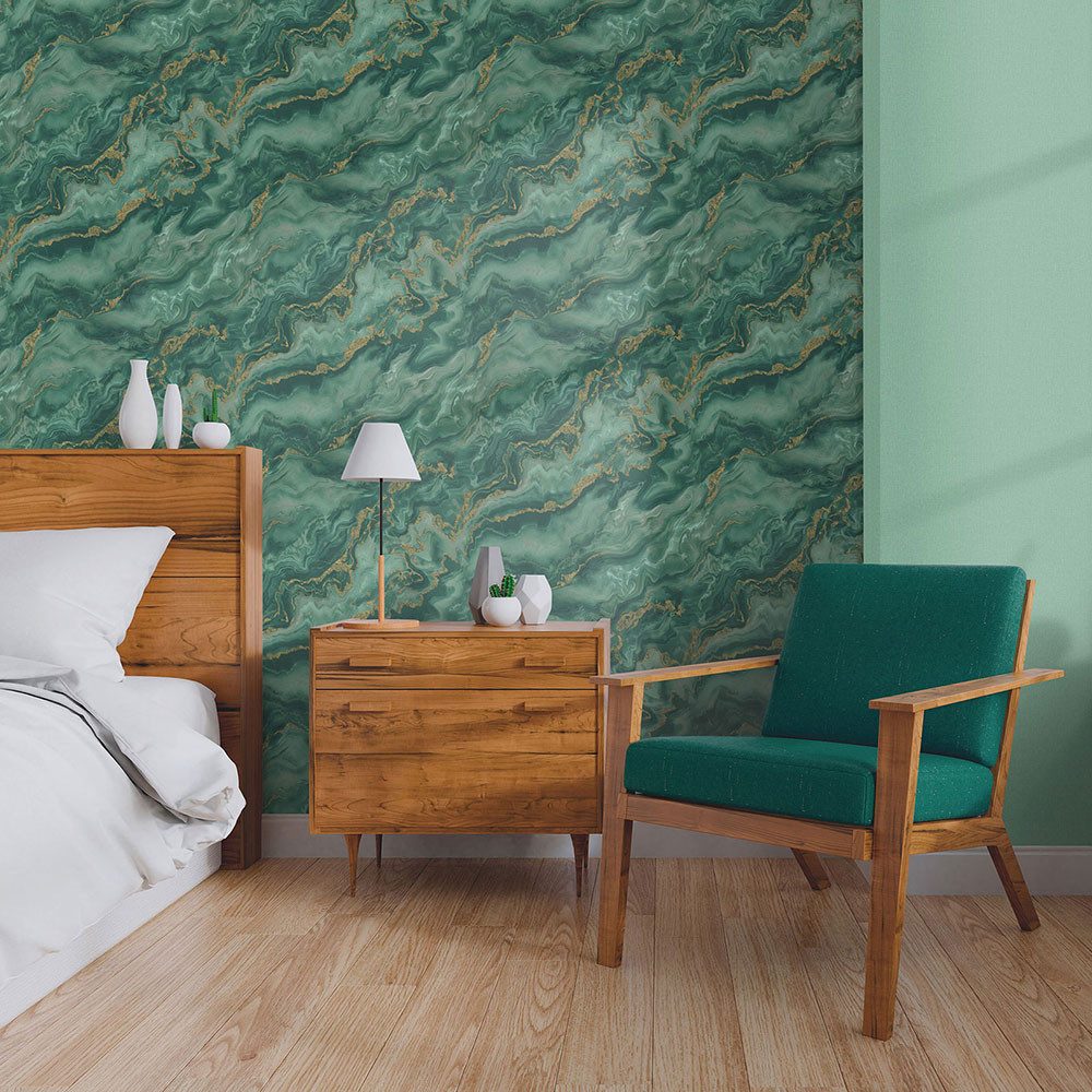 Erismann Vliestapete Marmor Optik Wellen Grün Gold Metallic 10447-19 Elle Decoration