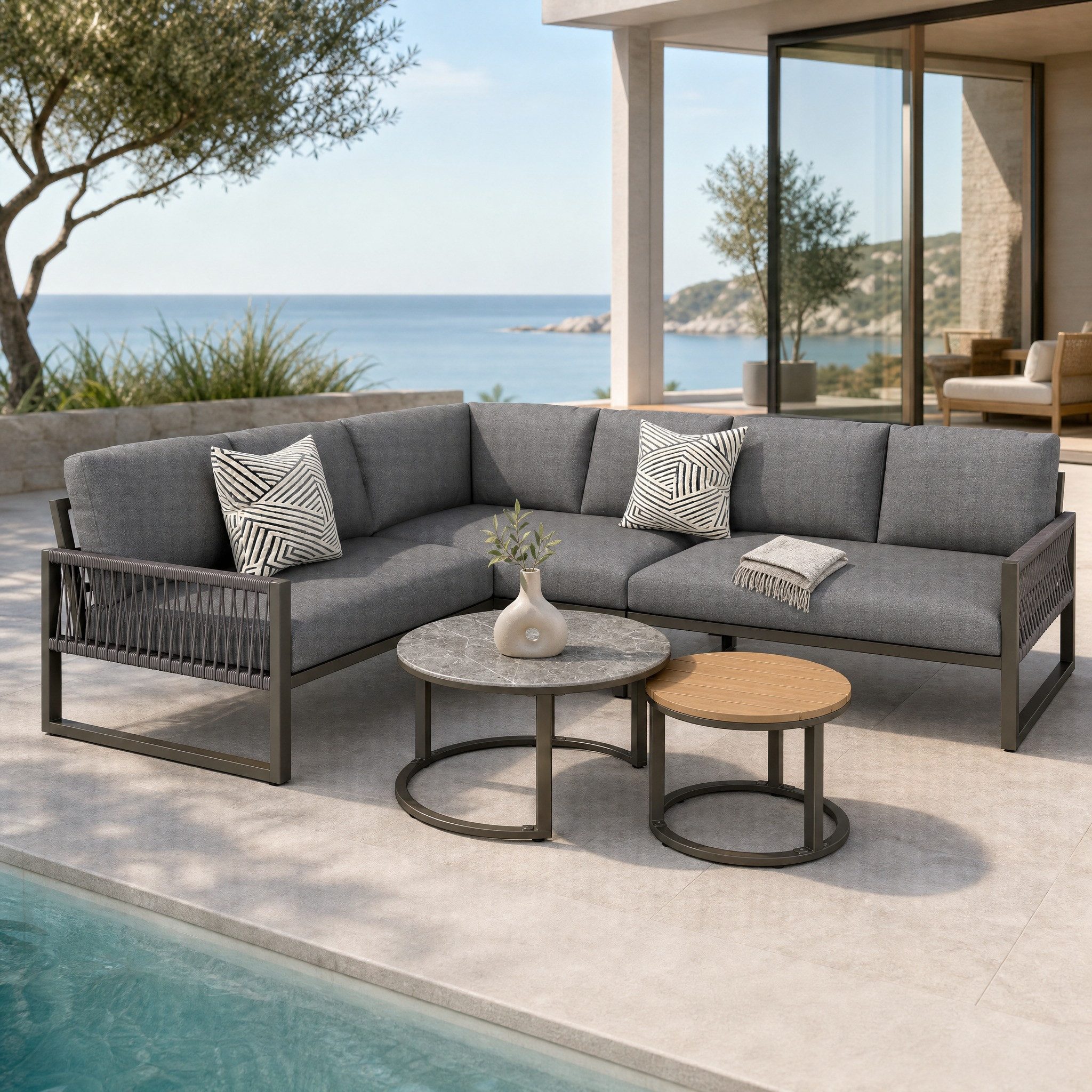 REDOM Gartenlounge-Set Modernes Gartenmöbelset,mit verzinktem Eisengestell, (für 6-7 Personen, wetterfestes Ecksofa mit 2 Tischen, ergonomische Sitzkissen, verzinktes Eisengestell., 5-tlg), mit Relaxfunktion