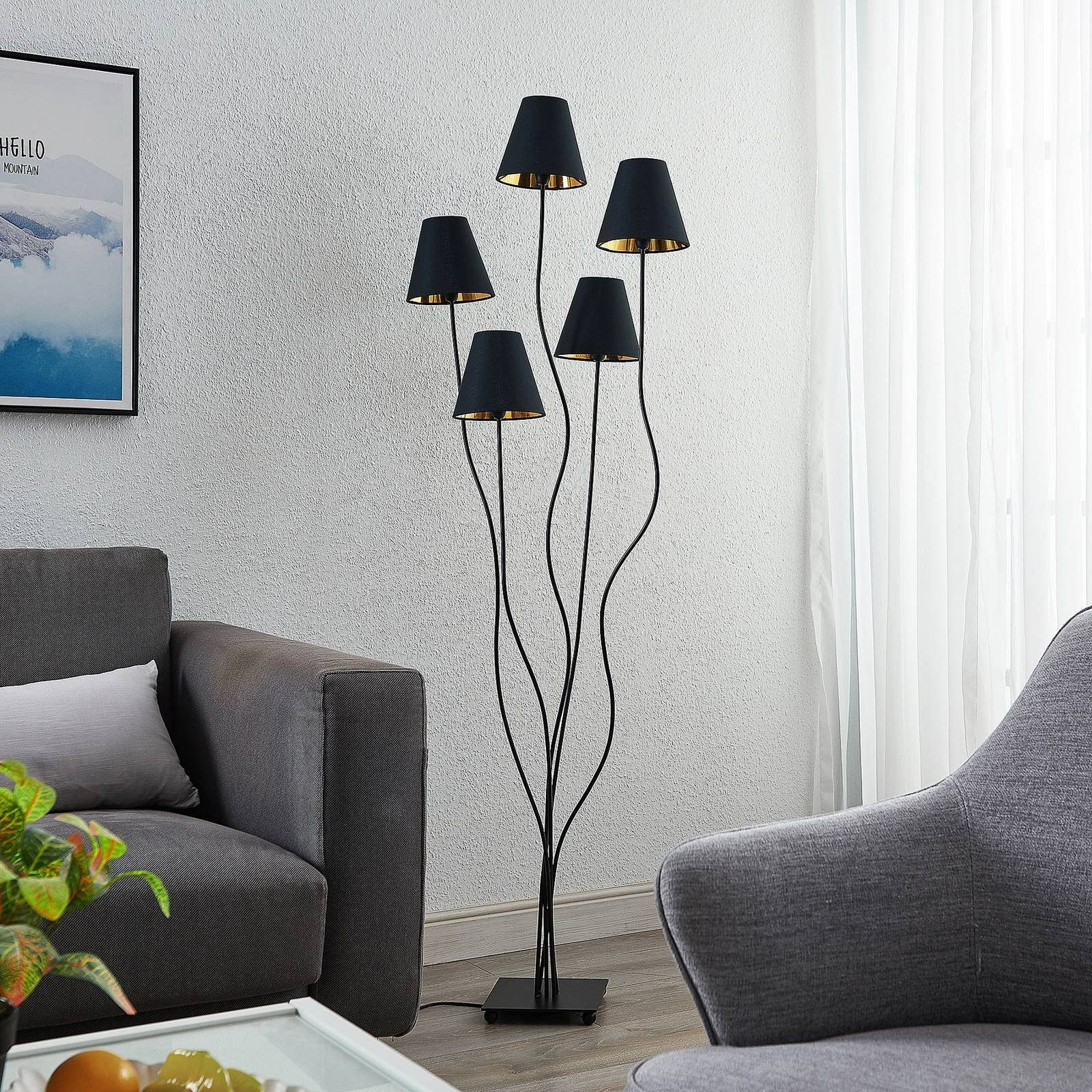 Lindby Stehlampe Komalie, Glühlampen, Modern, Eisen, Textil, Schwarz, gold, 5 flammig, E14, Stehleuchte